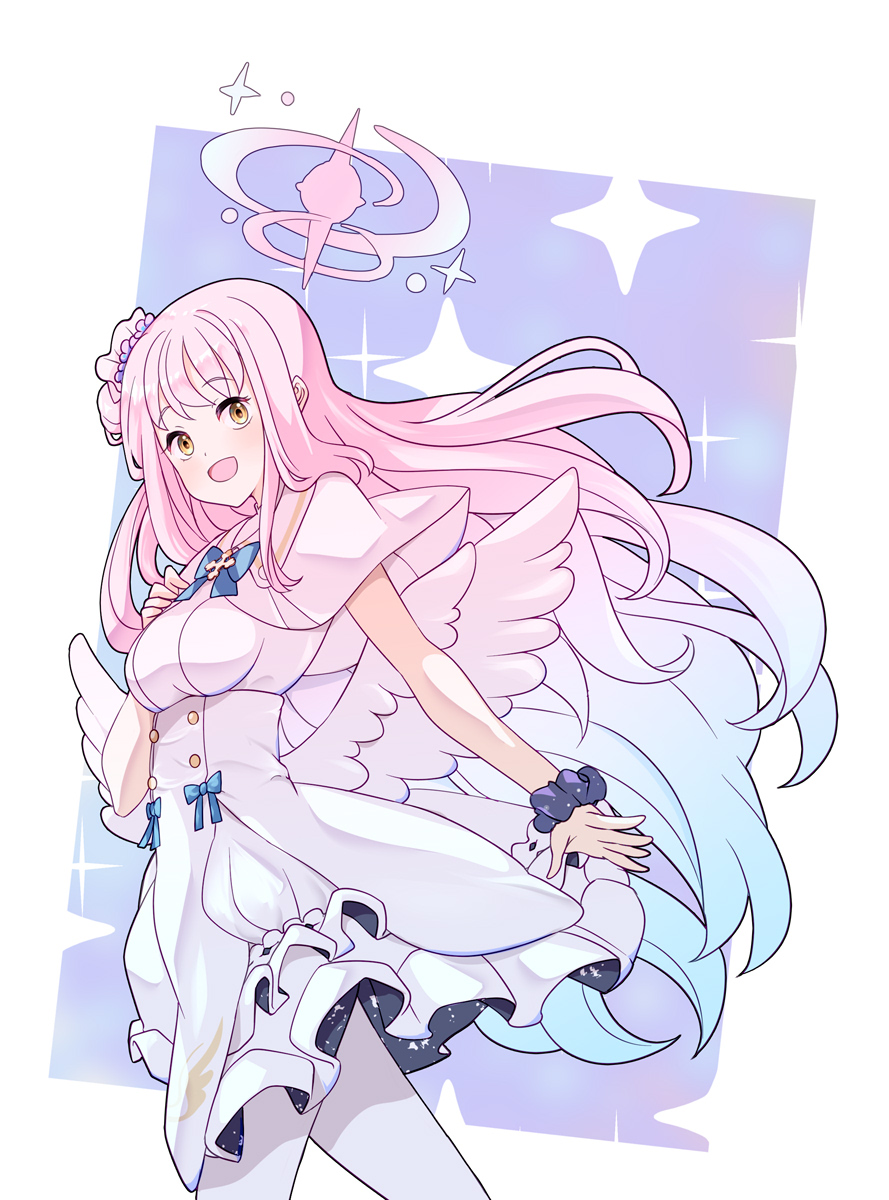 tomoe takenari, mika (blue archive), blue archive, highres, 1girl, angel wings, aqua hair, blue bow, blush, bow, breasts, buttons, feathered wings, flower, gold trim, gradient hair, hair bun, hair flower, hair ornament, halo, long hair, low wings, medium breasts, multicolored hair, open mouth, pantyhose, pink hair, pink halo, scrunchie, single hair bun, single side bun, smile, solo, underbust, very long hair, white overskirt, white pantyhose, white wings, wings, wrist scrunchie, yellow eyes