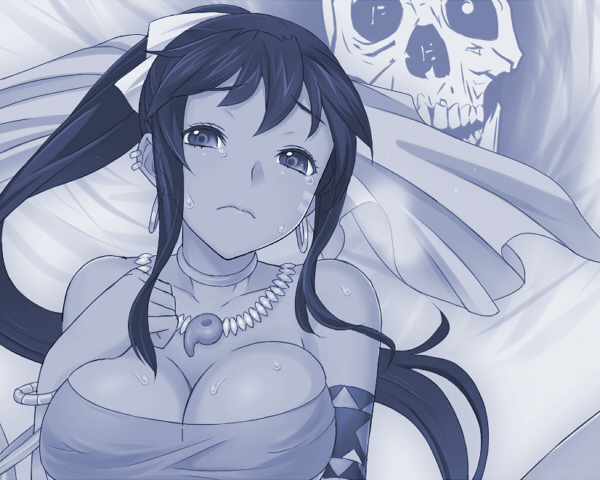 ume (driveume), shilleka, etrian odyssey, 1girl, blue theme, breasts, cleavage, dark-skinned female, dark skin, facial mark, female focus, jewelry, large breasts, magatama, monochrome, necklace, sarong, skull, solo, sweat, unworn sarong