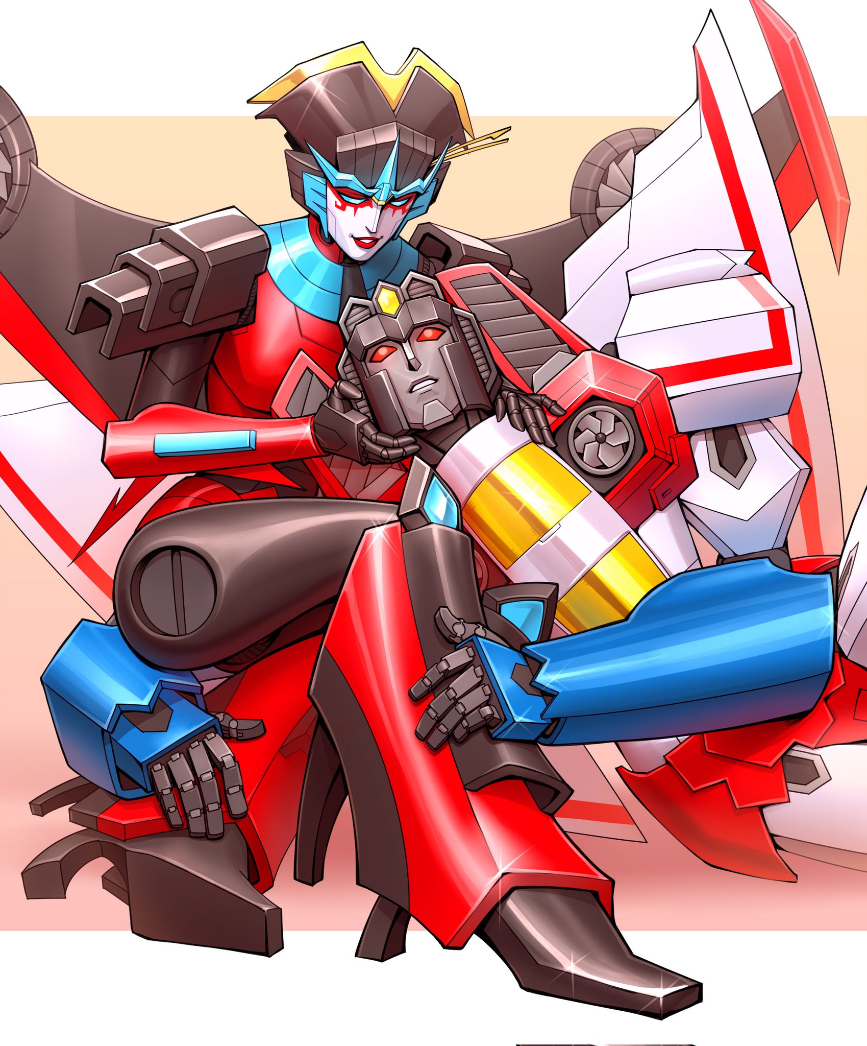 sir garrowman, starscream, windblade, the transformers (idw), transformers, highres, 1boy, 1girl, airplane wing, blue eyes, colored skin, high heels, humanoid robot, joints, lying on person, mecha, mechanical wings, metal skin, red eyes, red lips, robot, robot girl, science fiction, thighs, wings