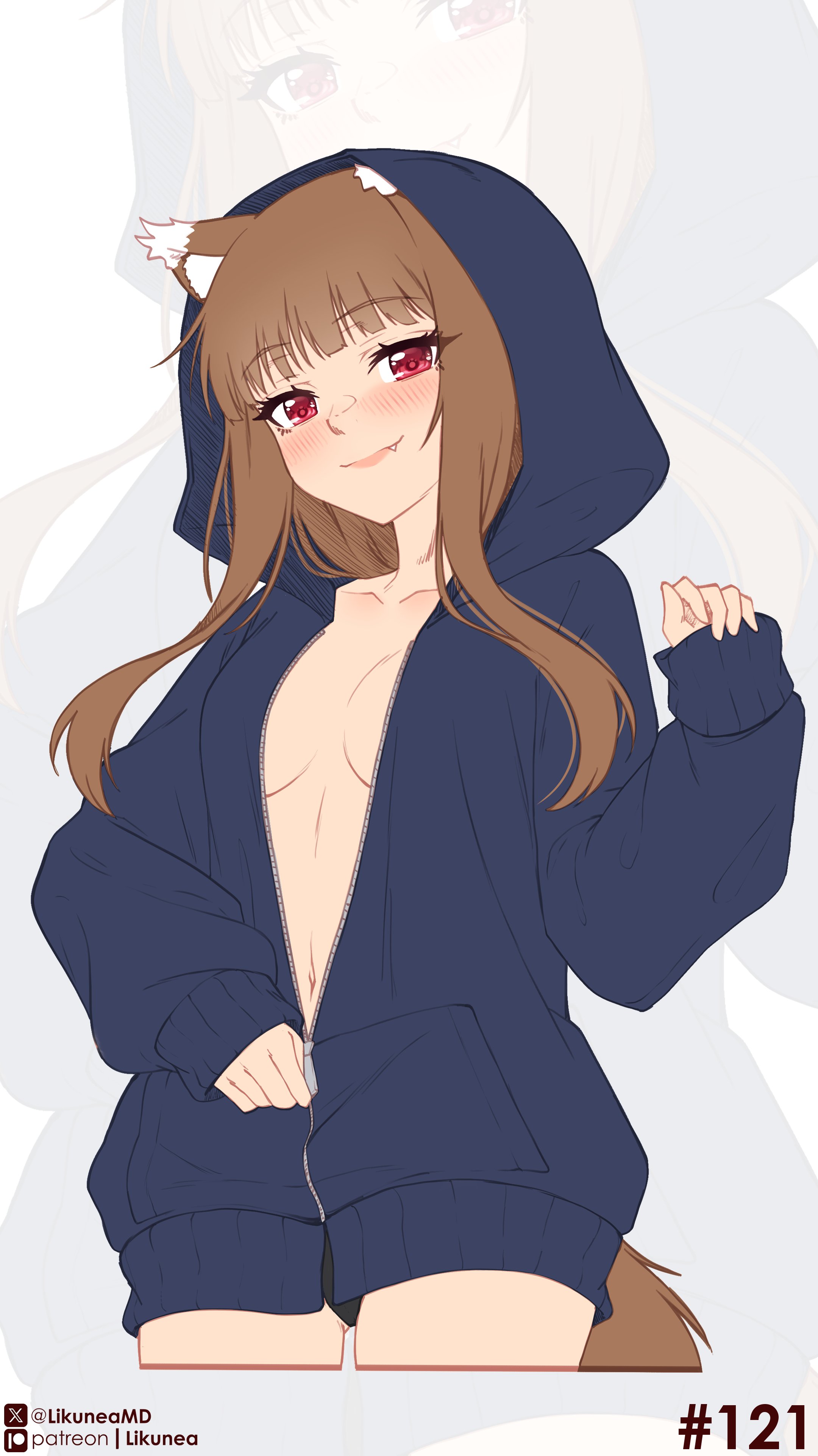 likunea, holo, spice and wolf, absurdres, commentary, english commentary, highres, 1girl, animal ears, black panties, blue hoodie, blush, breasts, brown hair, closed mouth, cowboy shot, hood, hood up, hoodie, long hair, long sleeves, looking at viewer, navel, no bra, official alternate costume, open clothes, open hoodie, panties, pantyshot, partially unzipped, patreon logo, patreon username, red eyes, small breasts, solo, tail, twitter username, twitter x logo, underwear, unzipping, wolf ears, wolf girl, wolf tail, zipper, zoom layer