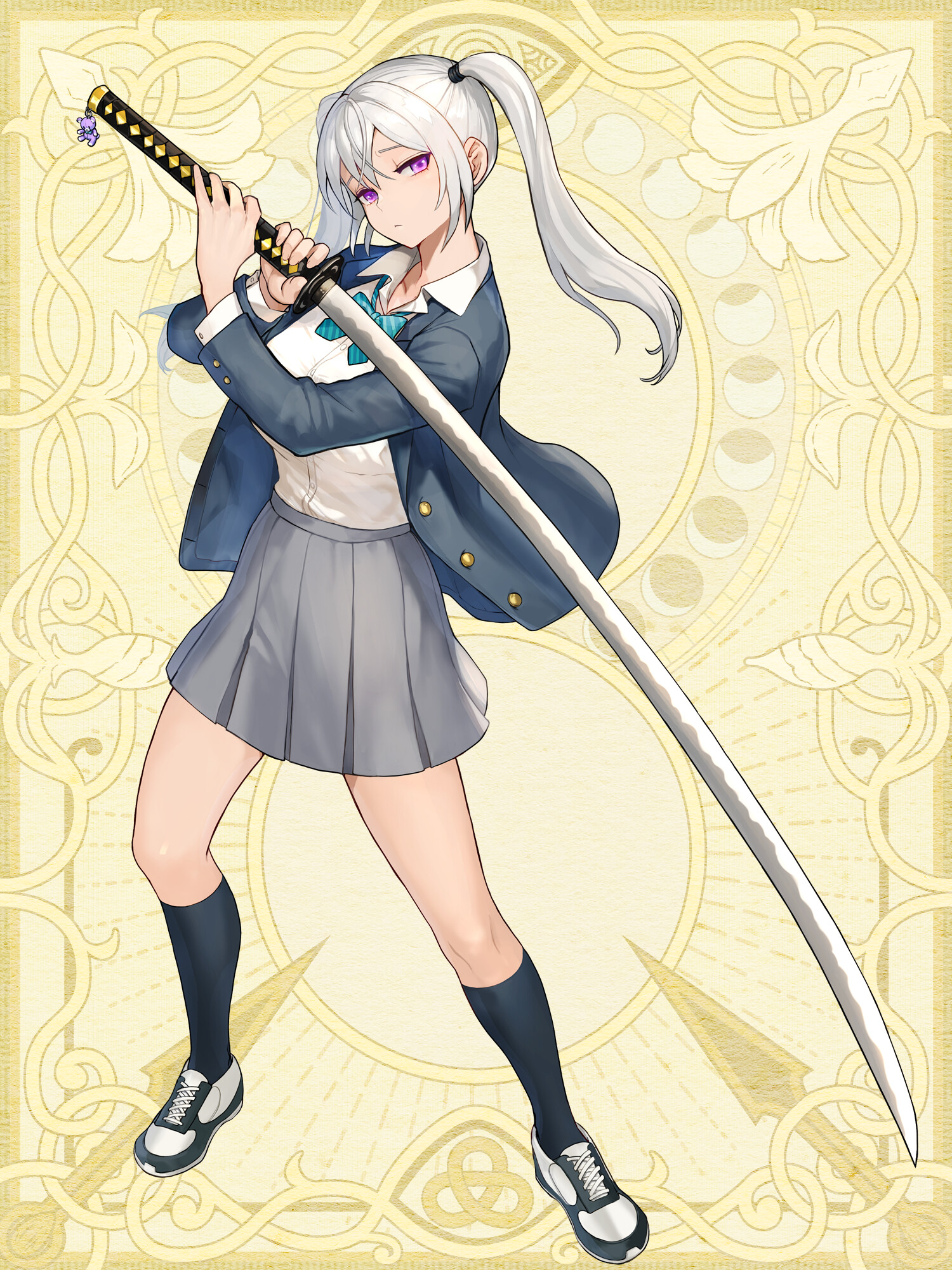 kishiba yuusuke, chain paradox, character request, commentary, highres, 1girl, black socks, blue jacket, bow, bowtie, charm (object), full body, grey skirt, holding, holding sword, holding weapon, jacket, katana, looking at viewer, open clothes, open jacket, purple eyes, school uniform, shirt, shoes, skirt, sneakers, socks, solo, striped bow, striped bowtie, striped clothes, sword, twintails, weapon, white hair, white shirt