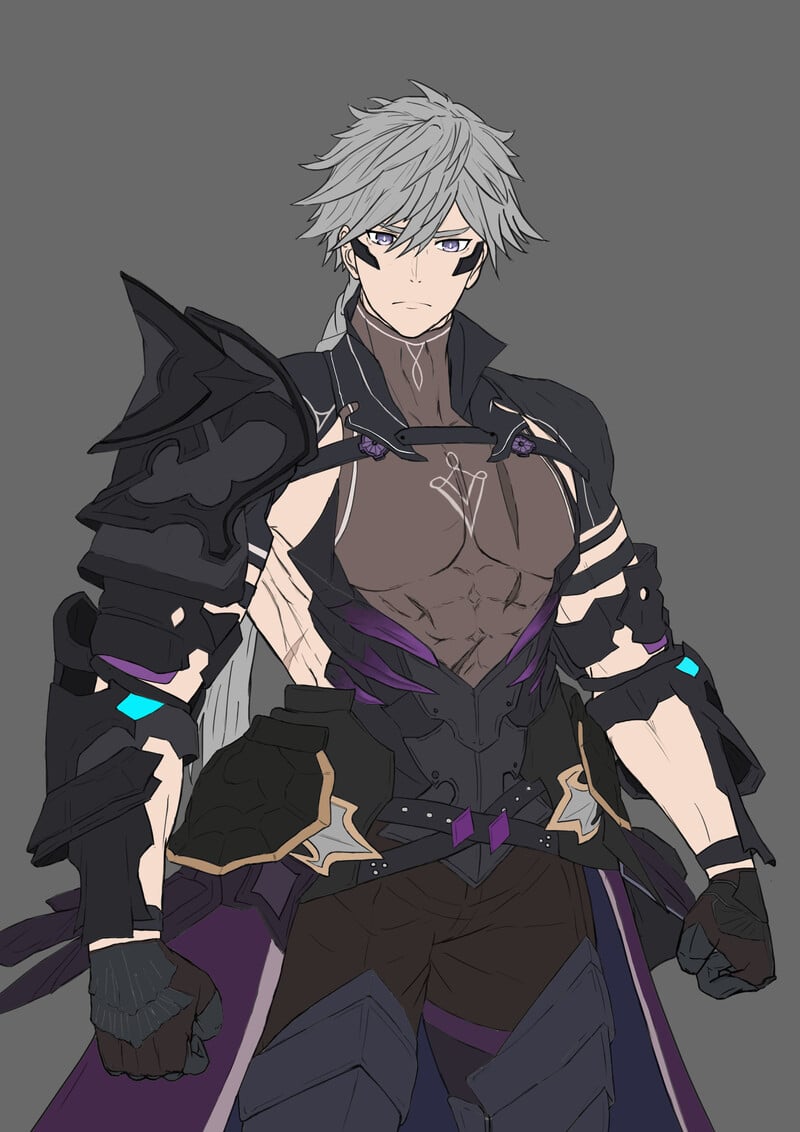 dogbomber, chase (king's raid), king's raid, commentary, english commentary, official art, 1boy, arm armor, armor, armored boots, armpit peek, asymmetrical armor, backless shirt, belt, black armor, black belt, black gloves, blue eyes, boots, bracer, braid, braided ponytail, closed mouth, facial mark, gauntlets, gloves, grey background, grey hair, knight, large pectorals, long braid, long hair, male focus, muscular, muscular male, pectorals, purple eyes, see-through clothes, shoulder armor, sideless outfit, silk, simple background, single braid, solo, standing