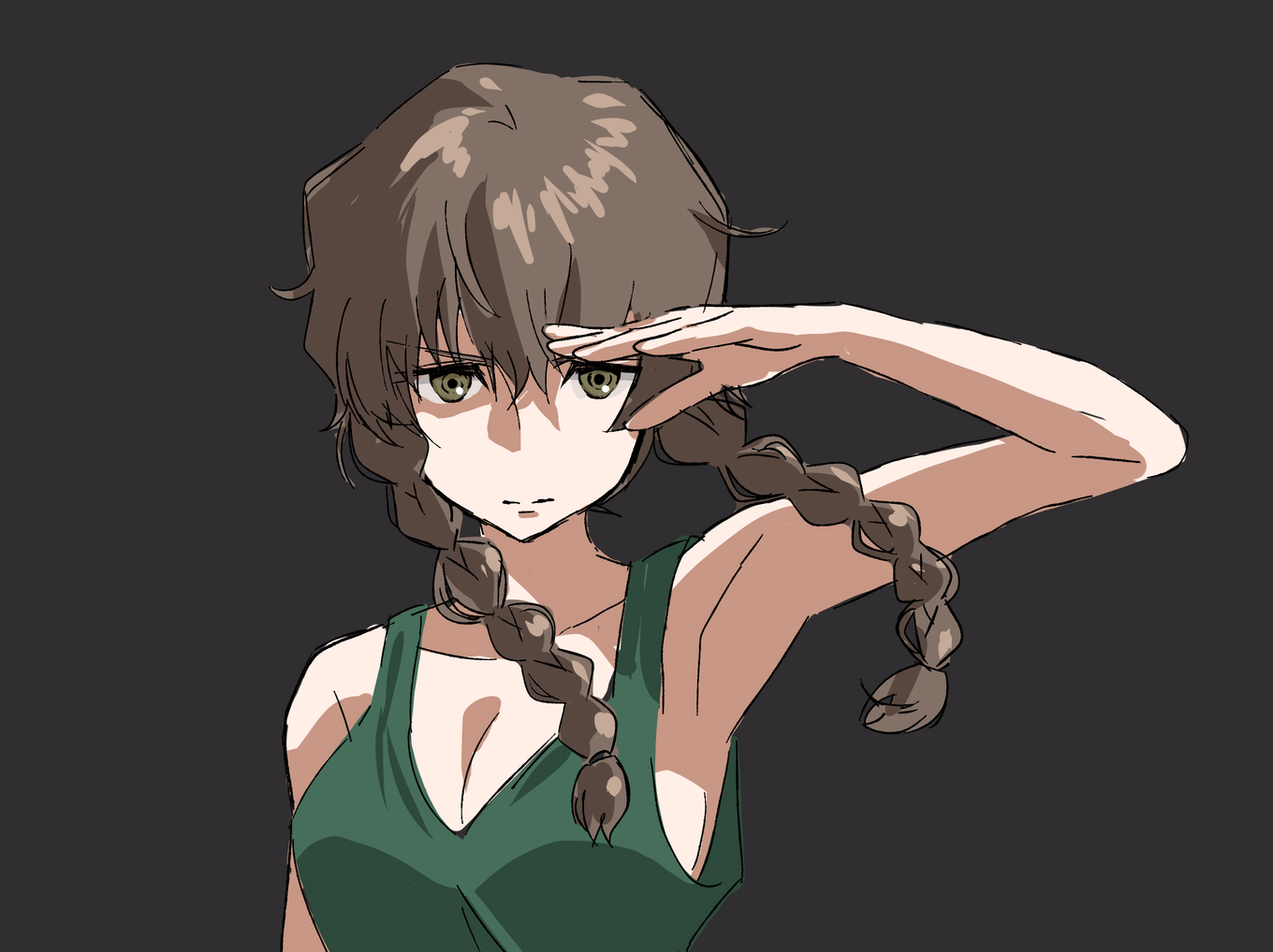 kuuma25 kuma, amane suzuha, heero yuy, gundam, gundam wing, science adventure, steins;gate, 1girl, black background, braid, breasts, brown eyes, brown hair, cleavage, closed mouth, cosplay, floating hair, green tank top, hair between eyes, heero yuy (cosplay), large breasts, looking at viewer, low twin braids, salute, simple background, solo, split mouth, tank top, twin braids, upper body