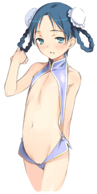 haimura kiyotaka, 1girl, bare shoulders, blue eyes, blue hair, bun cover, center opening, clitoris slip, double bun, female focus, flat chest, hair bun, hair rings, light smile, loli, matching hair/eyes, navel, open mouth, pussy, pussy peek, simple background, smile, solo