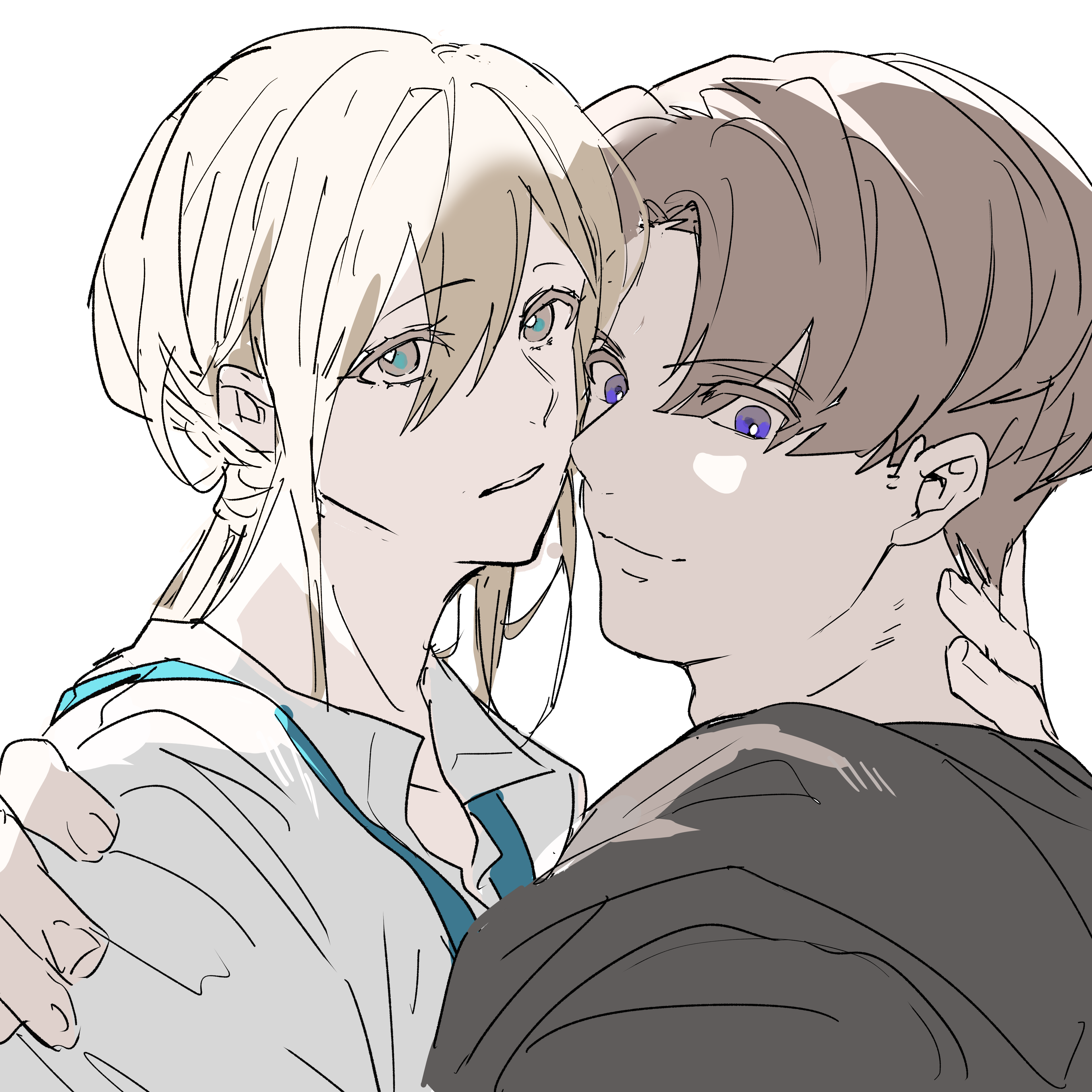 original, absurdres, commentary request, highres, 2boys, aqua eyes, aqua necktie, blunt bangs, brown hair, closed mouth, collarbone, curtained hair, dress shirt, hair between eyes, hand on another's neck, hand on another's shoulder, heads together, ingenkita, looking at viewer, loose necktie, male focus, medium hair, multiple boys, necktie, parted lips, profile, purple eyes, shirt, sidelocks, simple background, white background, white shirt, yaoi