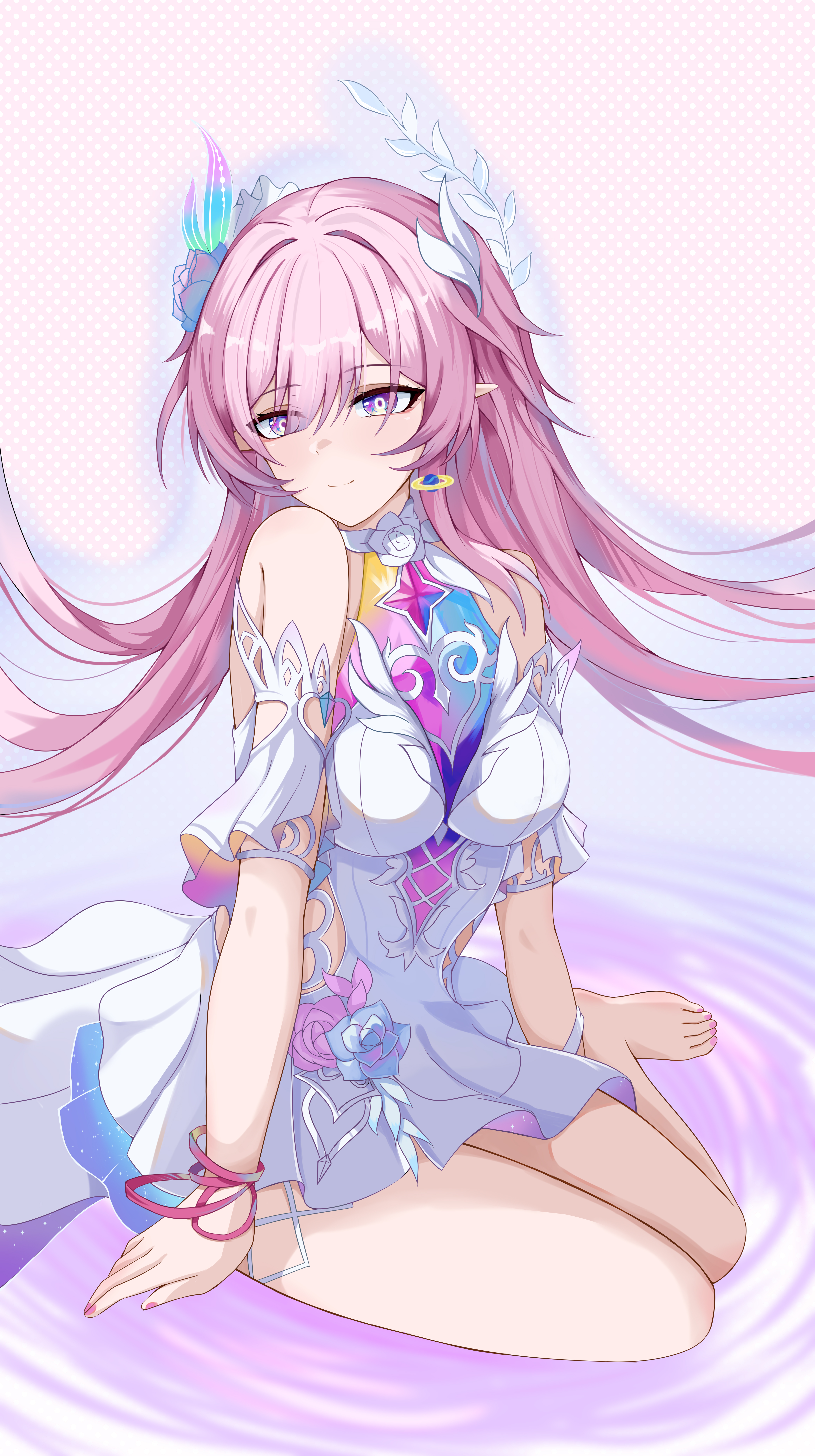 cyrene (honkai: star rail), cyrene (ripples of past reverie) (honkai: star rail), honkai: star rail, honkai (series), absurdres, commentary request, highres, 1girl, bare shoulders, barefoot, breasts, clothing cutout, diamond-shaped pupils, diamond (shape), dress, earrings, feet, flower, hair flower, hair ornament, halo, jewelry, long hair, medium breasts, pink hair, purple eyes, s956448903, side cutout, sitting, smile, solo, symbol-shaped pupils, thighs, toes, very long hair, wariza, white dress