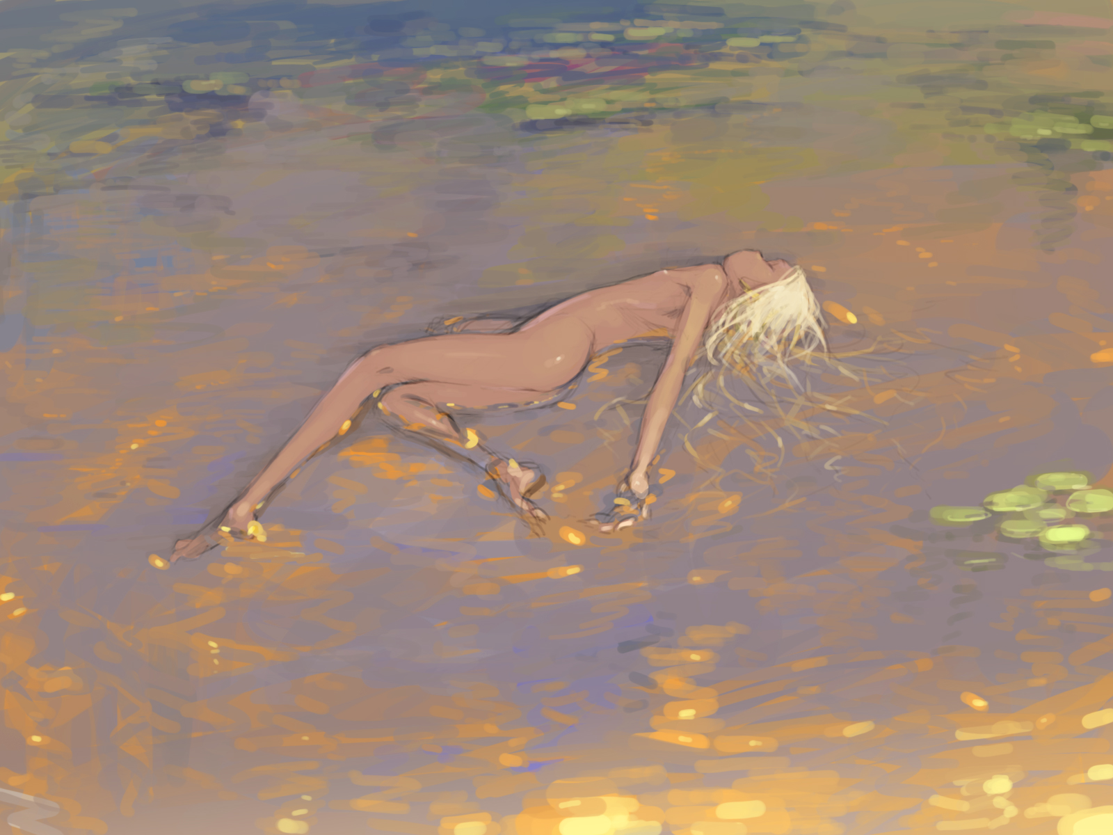 haimura kiyotaka, highres, 1girl, ass, barefoot, dark-skinned female, dark skin, feet, female focus, floating, lake, loli, lying, nude, soles, solo, wading, water