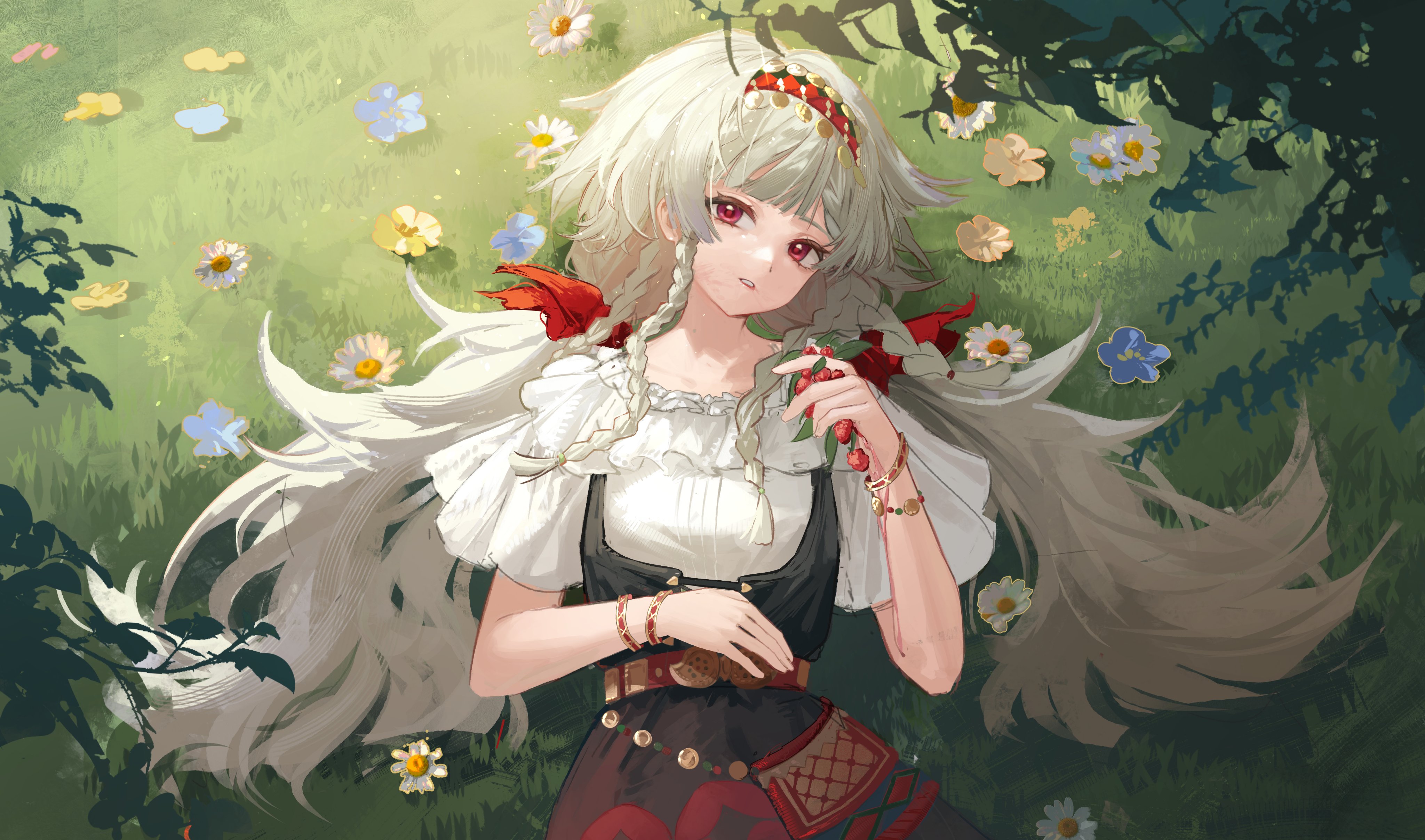 kuroja, rubuska, reverse:1999, absurdres, highres, 1girl, blue flower, bracelet, branch, flower, food, from above, fruit, hairband, hand up, holding, holding food, holding fruit, jewelry, leaf, long hair, looking at viewer, low twintails, lying, on back, on grass, parted lips, raspberry, red eyes, red hairband, red skirt, shirt, short sleeves, skirt, solo, twintails, upper body, very long hair, white flower, white shirt, yellow flower