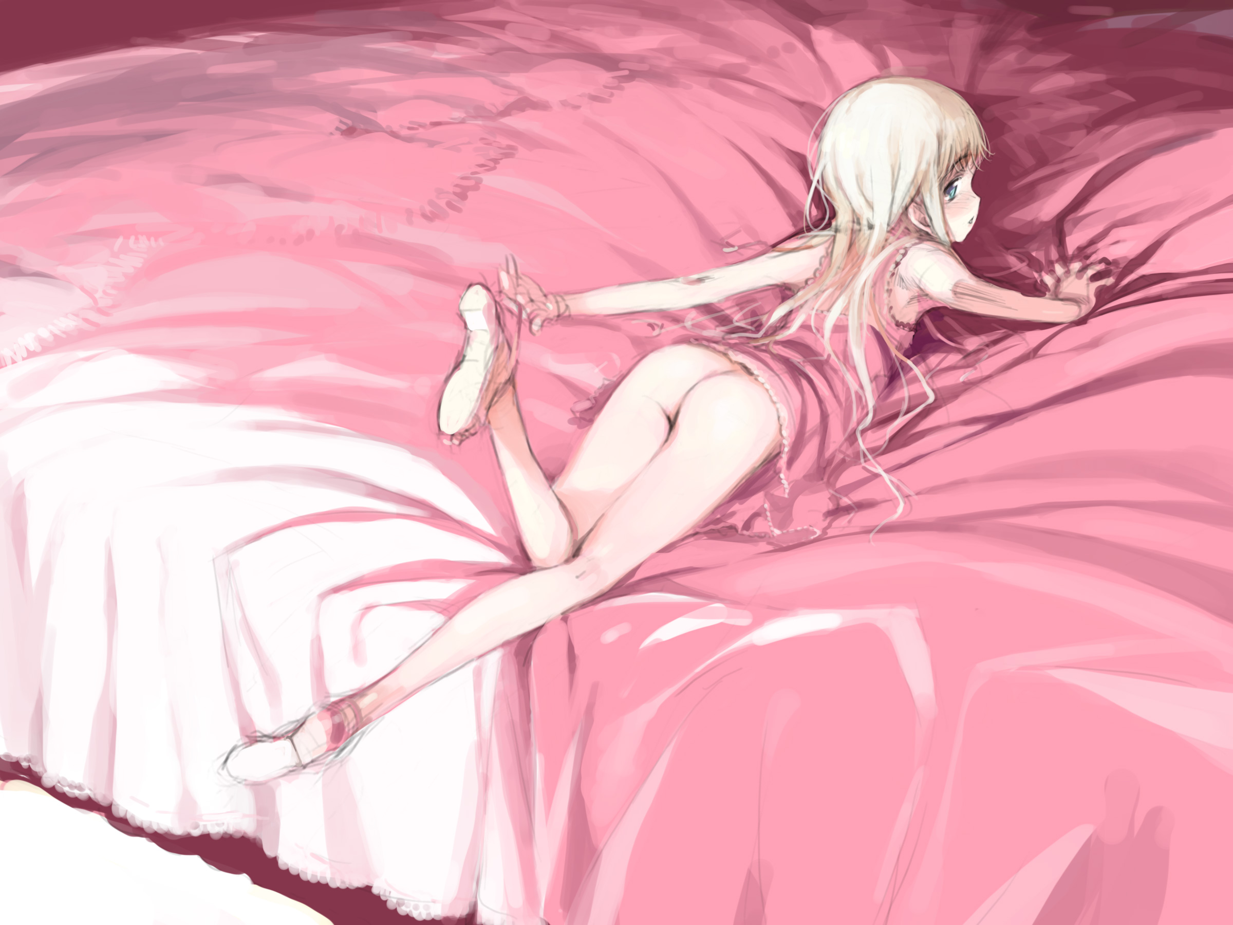haimura kiyotaka, highres, 1girl, ass, bed, blonde hair, blue eyes, bottomless, chemise, female focus, loli, long hair, looking back, lying, on stomach, pink theme, shoes, slippers, solo