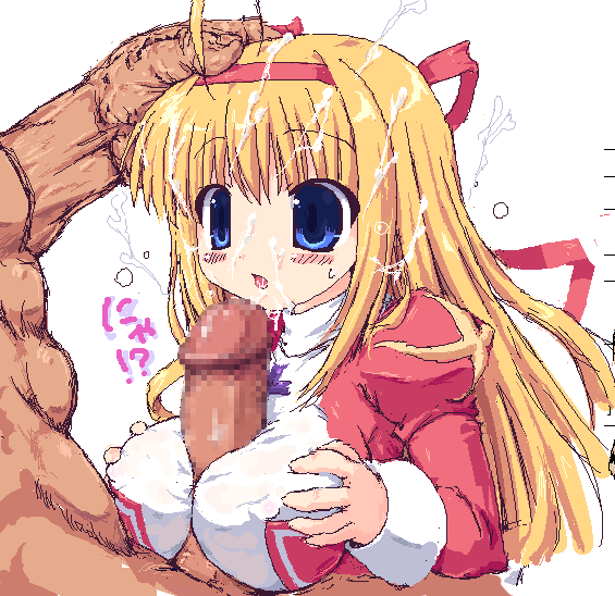high priest (ragnarok online), ragnarok online, 1girl, ahoge, blonde hair, blue eyes, breasts, censored, cum, cum on body, cum on hair, ejaculation, facial, hand on another's head, high priestess, large breasts, mosaic censoring, muscular, oekaki, paizuri, paizuri over clothes, penis, solo focus