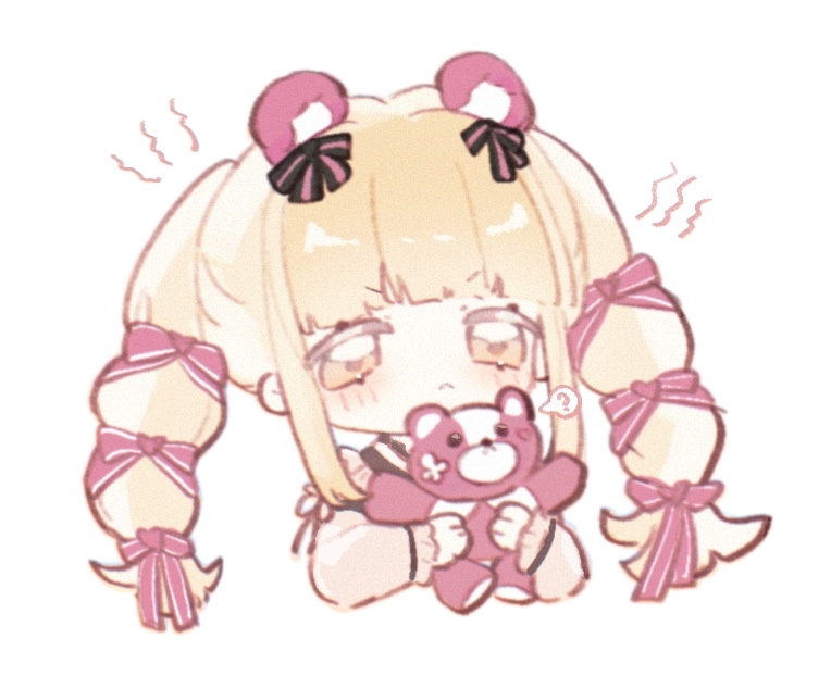 aa huaju pifa ma zong, memory (identity v), identity v, 1girl, :<, ?, animal ears, bear ears, blonde hair, braid, chibi, cropped torso, fake animal ears, hands up, holding, holding stuffed toy, looking at viewer, solo, speech bubble, spoken question mark, stuffed animal, stuffed toy, teddy bear, twin braids, white background, yellow eyes