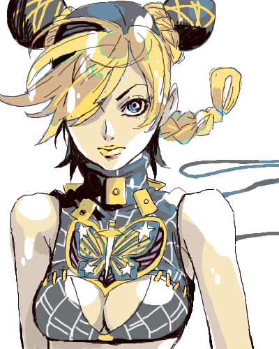 kuujou jolyne, jojo no kimyou na bouken, stone ocean, lowres, 1girl, bare shoulders, blue eyes, braid, breasts, cleavage, double bun, female focus, gold lips, hair bun, large breasts, lips, lipstick, makeup, multicolored hair, oekaki, sleeveless, solo, upper body, yellow lips