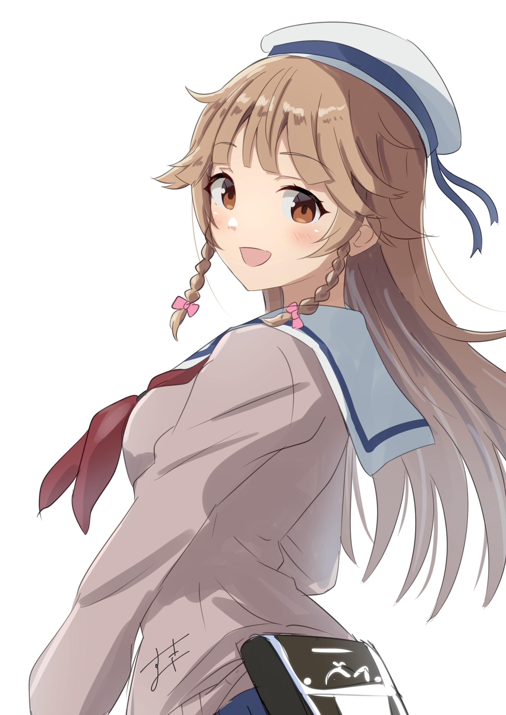 sukimizaki, nosa kouko, high school fleet, absurdres, highres, 1girl, belt pouch, braid, braided sidelocks, brown eyes, brown hair, brown sweater vest, neckerchief, pouch, red neckerchief, sailor collar, school uniform, serafuku, side braids, sidelocks, simple background, smile, solo, sweater vest, twin braids, upper body, white background, white sailor collar, yokosuka girls marine high school uniform