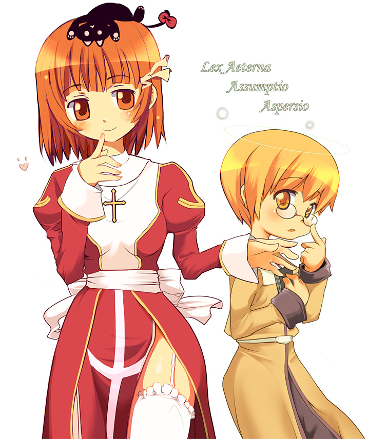 sasago kaze, acolyte (ragnarok online), high priest (ragnarok online), ragnarok online, 1boy, 1girl, adjusting eyewear, animal, animal on head, belt, blonde hair, blush, book, cat, cat on head, cross, dress, finger to mouth, frilled thighhighs, frills, garter straps, glasses, hair ribbon, loincloth, object on head, on head, orange eyes, orange hair, pince-nez, priest, priestess, ribbon, short hair, thighhighs, white thighhighs, yellow eyes