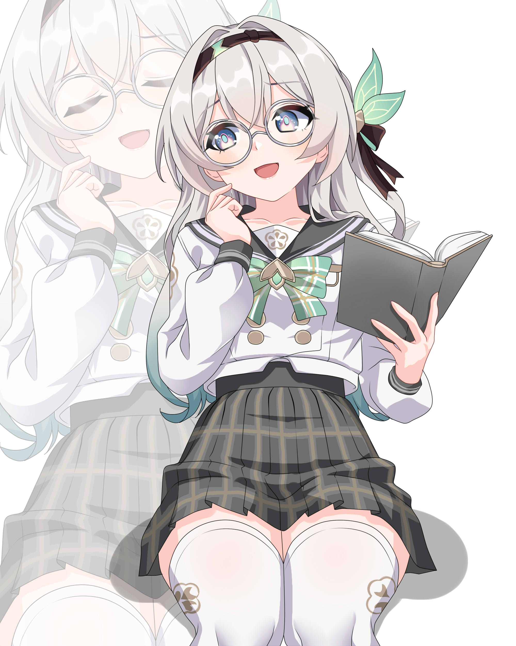 maxwelzy, firefly (honkai: star rail), firefly (spring missive) (honkai: star rail), honkai: star rail, honkai (series), absurdres, highres, 1girl, blush, book, bow, collarbone, glasses, gradient hair, green bow, green hair, grey hair, grey skirt, hair between eyes, hair ornament, holding, holding book, multicolored hair, official alternate costume, open mouth, pink hair, plaid bow, plaid clothes, plaid skirt, school uniform, serafuku, simple background, skirt, smile, thick thighs, thighhighs, thighs, white background, white thighhighs
