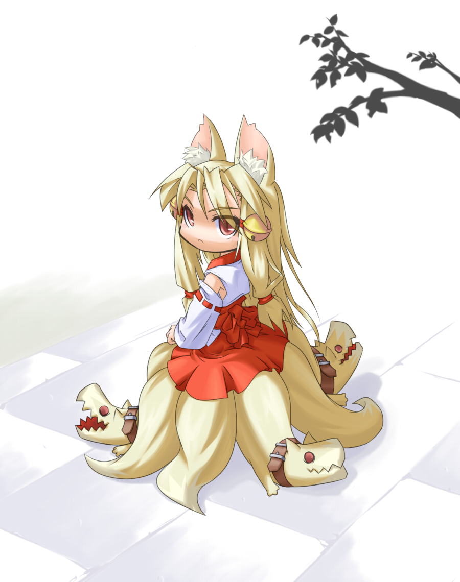 mof, goddess of kuzuryuu inari shrine, original, 1girl, animal ears, bell, female focus, fox, fox ears, hakama, hakama skirt, japanese clothes, long hair, miko, red hakama, skirt, solo, tail