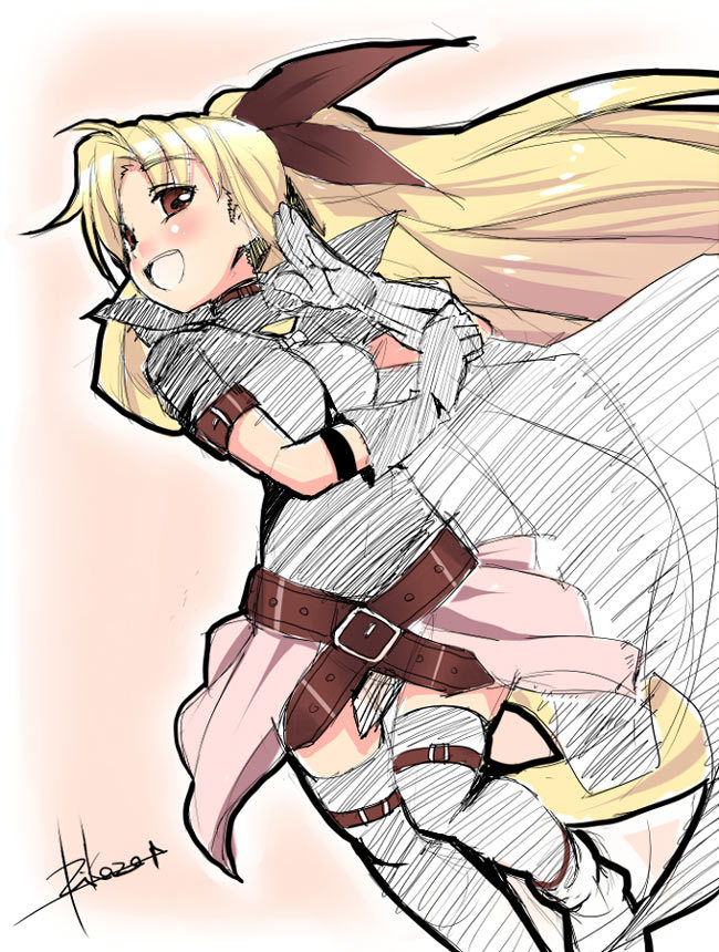 fate testarossa, fate testarossa (original form), lyrical nanoha, mahou shoujo lyrical nanoha, 00s, 1girl, :d, armor, belt, blonde hair, blush, breastplate, buckle, cowboy shot, female focus, long hair, open mouth, red eyes, shoulder pads, smile, solo, thighhighs, very long hair