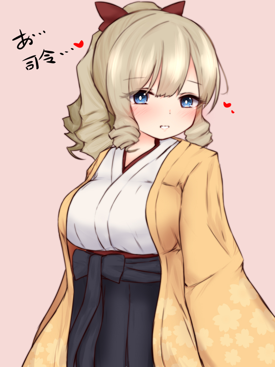 yuki (yukineko-nyaa), hatakaze (kancolle), kantai collection, highres, 1girl, black hakama, blue eyes, breasts, brown hair, coat, cowboy shot, drill hair, floral print, hair ribbon, hakama, haori, japanese clothes, kimono, large breasts, pink background, ponytail, ribbon, solo, white kimono, yellow coat, yellow haori