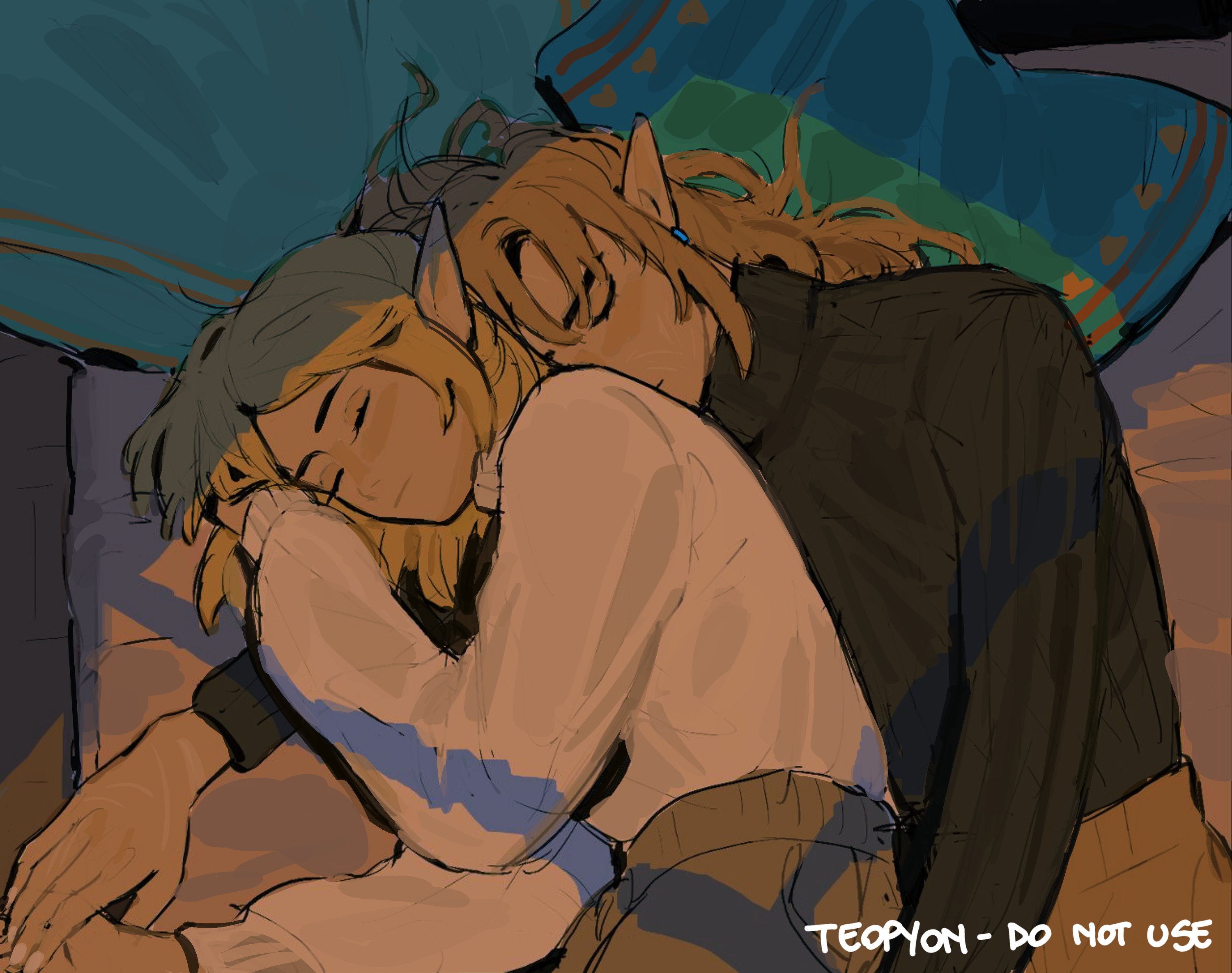 pyonteo, link, princess zelda, nintendo, the legend of zelda, the legend of zelda: tears of the kingdom, commentary, english commentary, highres, 1boy, 1girl, artist name, bed, black sweater, blonde hair, brown pants, cable knit, couple, earrings, english text, hetero, holding hands, jewelry, long hair, pants, pillow, pointy ears, scar, shade, sidelocks, sleeping, sweater, upper body, white sweater, window shadow