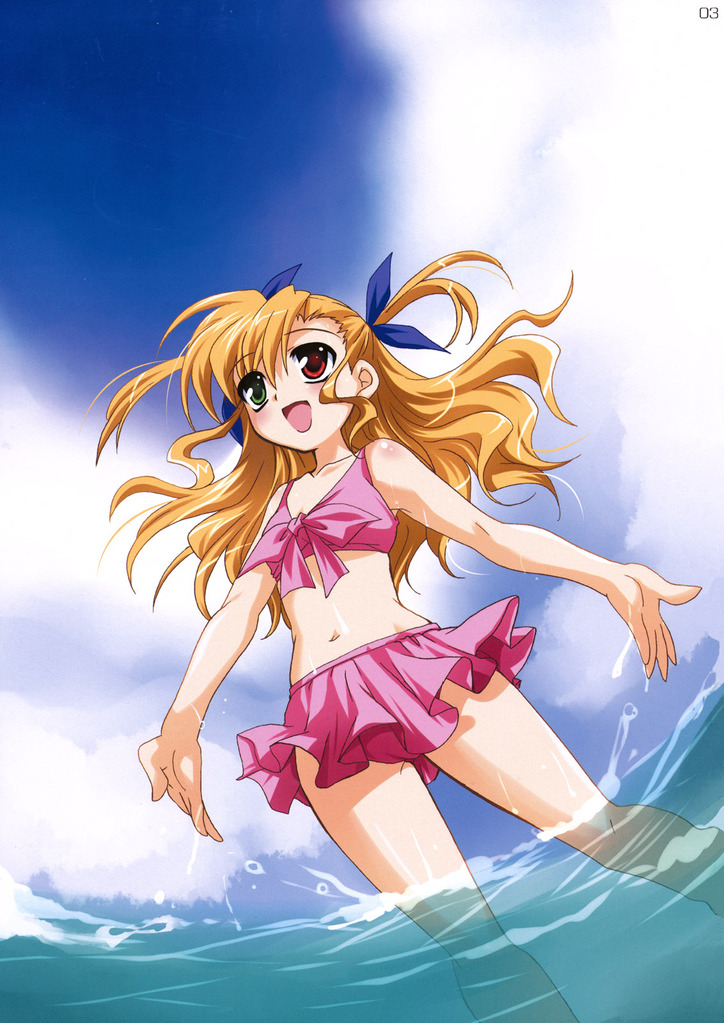 kanna (plum), vivio, lyrical nanoha, mahou shoujo lyrical nanoha, 00s, 1girl, bikini, blonde hair, day, female focus, heterochromia, long hair, page number, pink bikini, solo, swimsuit, water