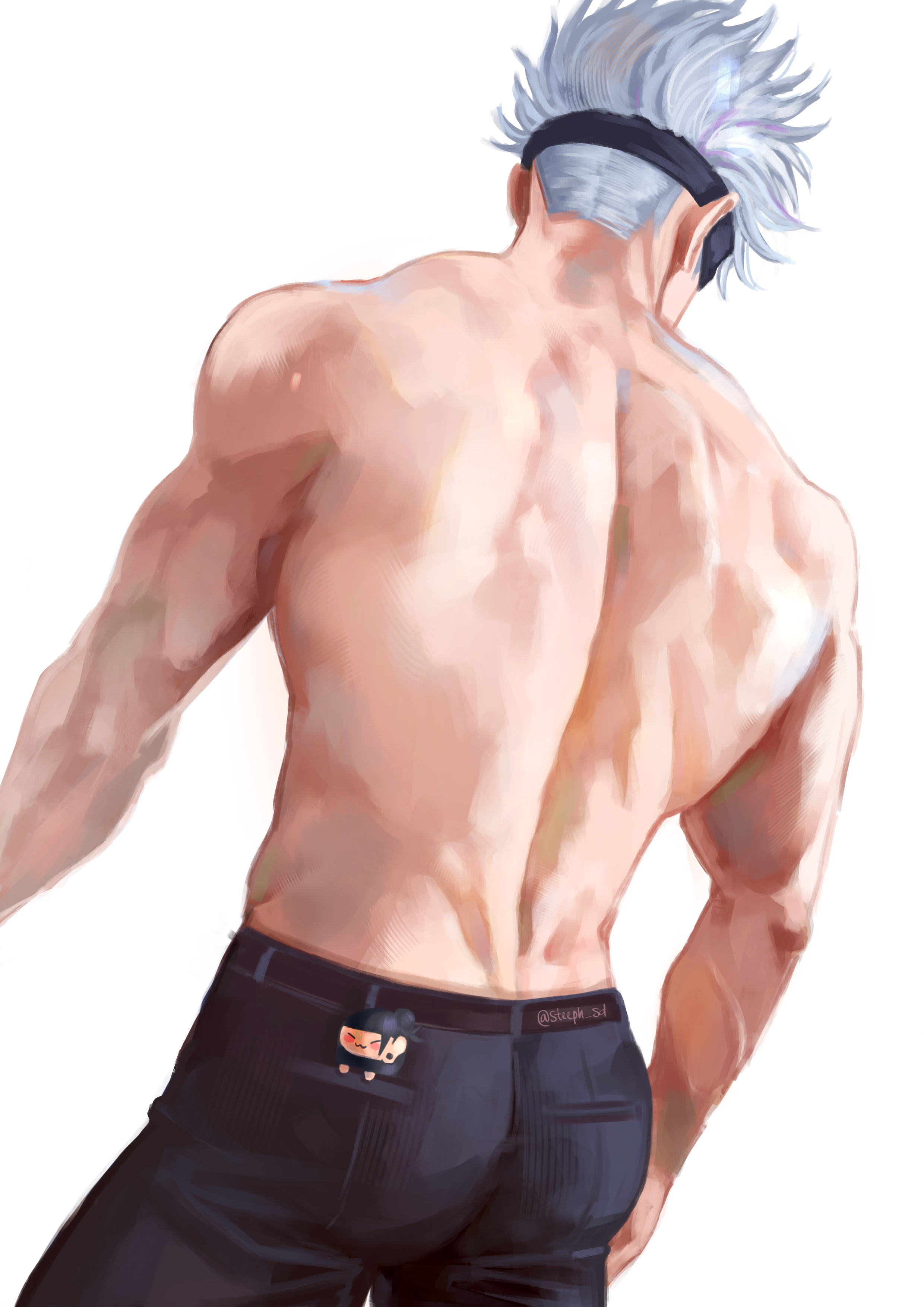 steeph sd, getou suguru, gojou satoru, jujutsu kaisen, absurdres, highres, 1boy, back, belt, black belt, black pants, blindfold, character doll, cowboy shot, denim, doll, jeans, male focus, nape, pants, short hair, simple background, white background, white hair