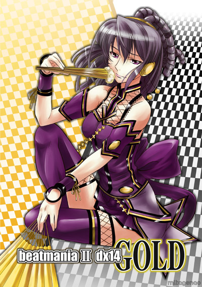 mikage nao, umegiri hifumi, beatmania iidx, beatmania iidx 14 gold, bemani, 1girl, armband, braid, female focus, fishnets, grey hair, hand fan, headphones, purple eyes, purple thighhighs, sitting, smile, solo, thighhighs, wristband, zettai ryouiki