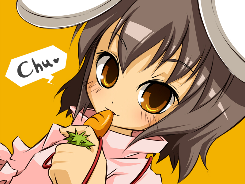 noya makoto, inaba tewi, touhou, 1girl, animal ears, brown hair, carrot, carrot necklace, female focus, heart, jewelry, necklace, rabbit ears, sexually suggestive, solo, yellow eyes