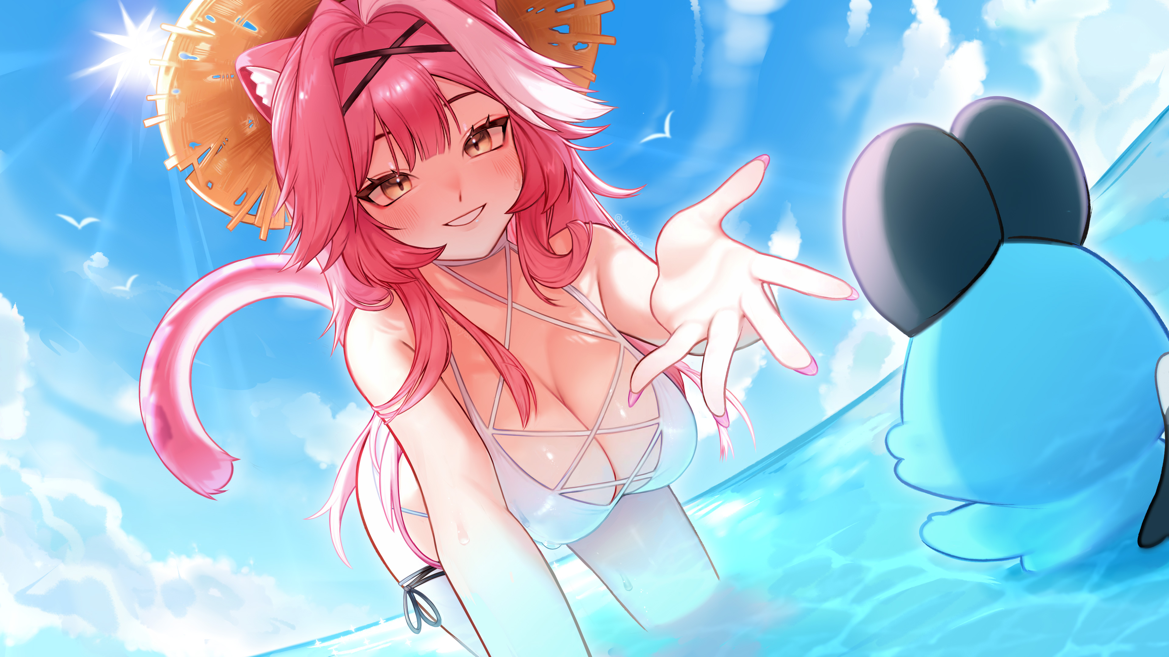 chattino (raora panthera), raora panthera, hololive, hololive english, absurdres, highres, 1girl, animal ear fluff, animal ears, bent over, bikini, blue sky, blush, breasts, center-flap bangs, cloud, cloudy sky, criss-cross halter, day, double-parted bangs, dxnyana, grin, halterneck, hat, horizon, large breasts, long hair, looking at animal, looking at viewer, multi-strapped bikini top, multicolored hair, nail polish, ocean, offering hand to another, outdoors, outstretched arm, panther ears, panther girl, panther tail, pink hair, pink nails, pink tail, simple bird, sky, smile, solo, standing, straw hat, sun, sun hat, swimsuit, tail, twitter username, two-tone hair, very long fingernails, very long hair, virtual youtuber, wading, water, water drop, wet, white bikini, white hair, yellow eyes