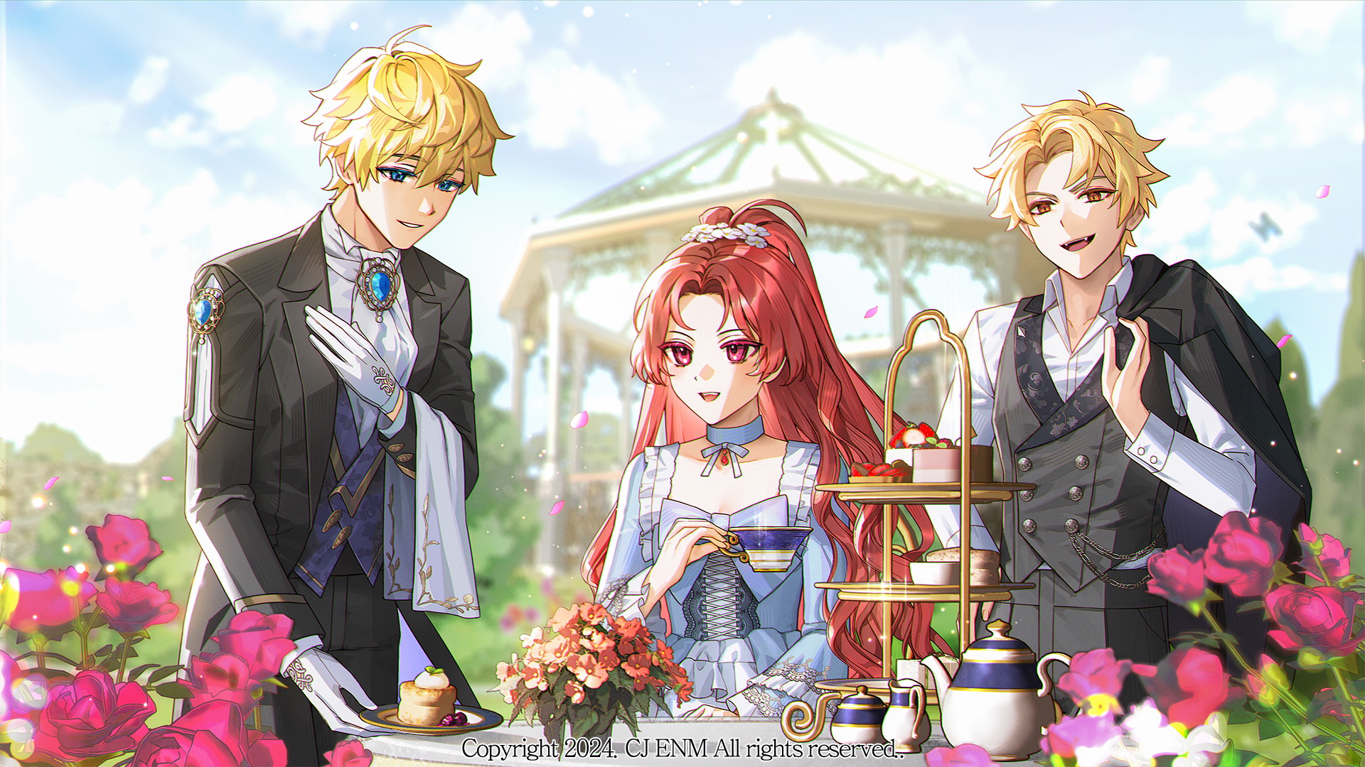 bamcream, the haunted house, character request, commentary, commentary request, english commentary, highres, korean commentary, mixed-language commentary, 1girl, 2boys, :d, black jacket, blonde hair, blue bow, blue bowtie, blue choker, blue dress, blue eyes, bow, bowtie, choker, copyright notice, cup, day, dress, fangs, gloves, jacket, long hair, long sleeves, multiple boys, open clothes, open jacket, open mouth, orange eyes, outdoors, parted bangs, plate, red eyes, red hair, short hair, smile, teacup, teapot, tiered tray, towel, upper body, white gloves