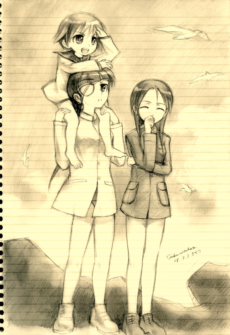 kisetsu, minna-dietlinde wilcke, miyafuji yoshika, sakamoto mio, strike witches, world witches series, bad id, bad pixiv id, highres, traditional media, 00s, 3girls, child, monochrome, multiple girls, sketch, yellow theme