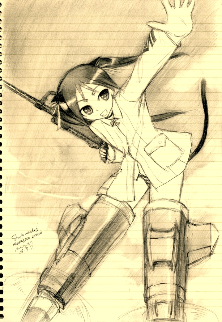 kisetsu, francesca lucchini, strike witches, world witches series, bad id, bad pixiv id, traditional media, 00s, 1girl, female focus, gun, light machine gun, machine gun, monochrome, sketch, solo, striker unit, weapon, yellow theme