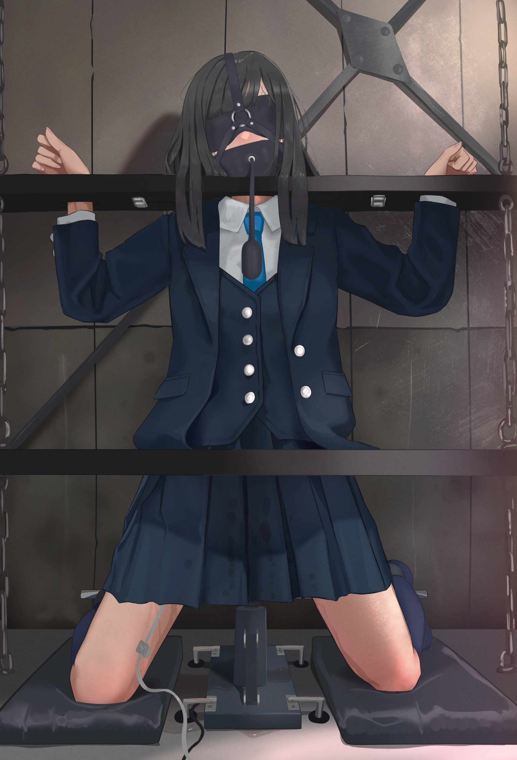po-i-mu, original, absurdres, highres, 1girl, bdsm, blazer, blindfold, blue necktie, bondage, bound, collared shirt, forced orgasm, gag, gag harness, gagged, grey hair, jacket, kneeling, necktie, orgasm, pillory, pleated skirt, plug gag, pussy juice, restrained, school uniform, separated arms, separated legs, sex machine, shirt, skirt, solo, stationary restraints, vest, white shirt