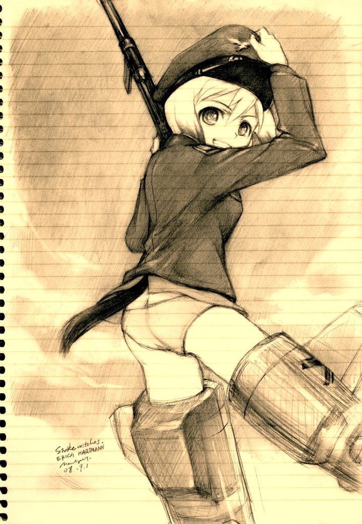 kisetsu, erica hartmann, strike witches, world witches series, bad id, bad pixiv id, traditional media, 00s, 1girl, female focus, gun, monochrome, sketch, solo, striker unit, submachine gun, weapon, yellow theme