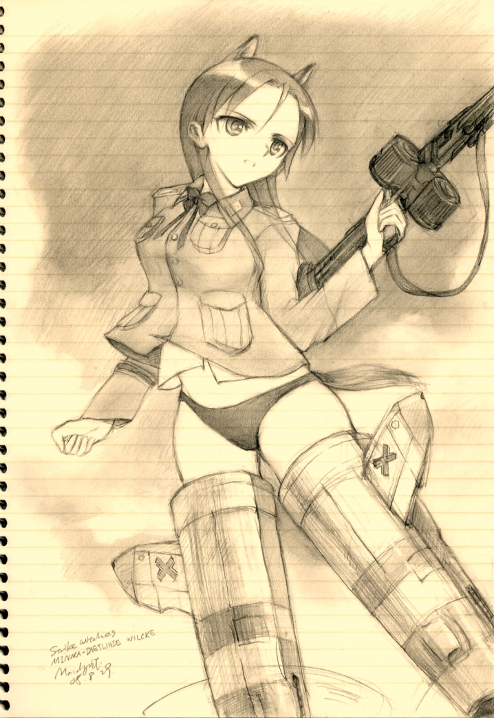 kisetsu, minna-dietlinde wilcke, strike witches, world witches series, bad id, bad pixiv id, traditional media, 00s, 1girl, double-drum magazine, drum magazine, female focus, gun, high-capacity magazine, machine gun, magazine (weapon), mg42, monochrome, saddle-drum, sketch, solo, striker unit, weapon, yellow theme