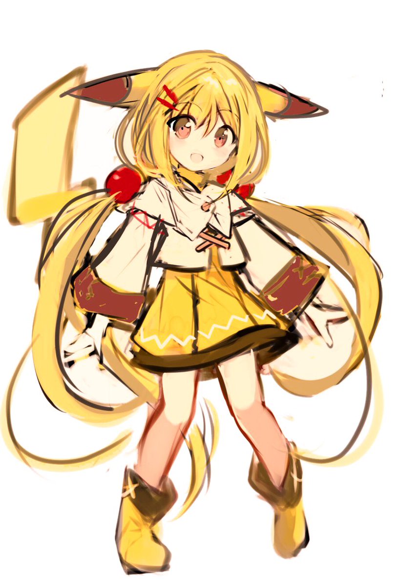 fuepo, pikachu, nintendo, pokemon, highres, 1girl, blonde hair, full body, gen 1 pokemon, hat, humanization, long hair, long sleeves, looking at viewer, open mouth, personification, shirt, simple background, smile, tail, twintails