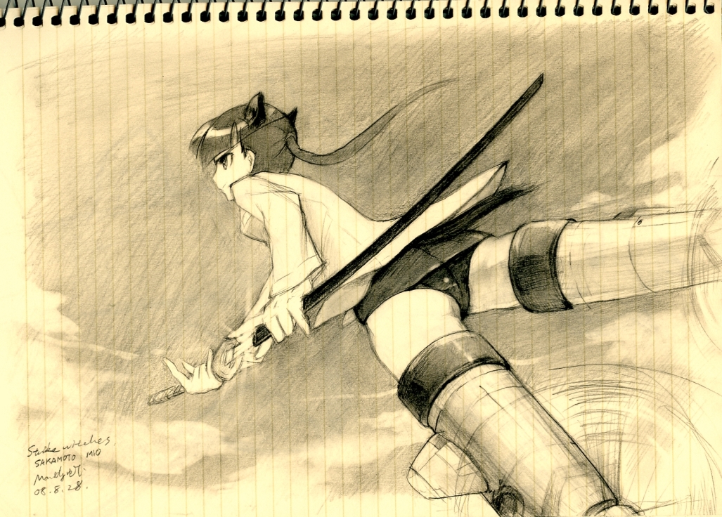kisetsu, sakamoto mio, strike witches, world witches series, bad id, bad pixiv id, traditional media, 00s, 1girl, animal ears, cat ears, eyepatch, female focus, katana, monochrome, no pants, one-piece swimsuit, ponytail, school swimsuit, sketch, solo, striker unit, swimsuit, swimsuit under clothes, sword, weapon, yellow theme