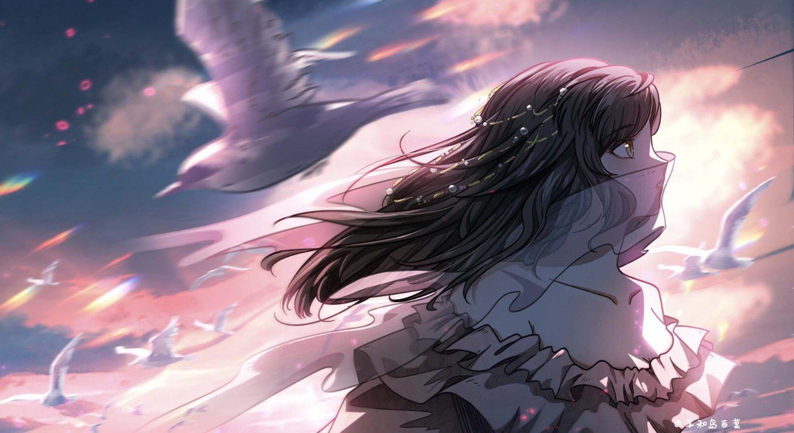 original, 1girl, :o, artist name, backlighting, bare shoulders, bird, black hair, blue sky, cloud, from side, hair ornament, long hair, looking up, motion blur, mouth veil, off shoulder, pinghe dao baicai, profile, see-through clothes, see-through veil, sky, solo, upper body, veil, white bird, yellow eyes