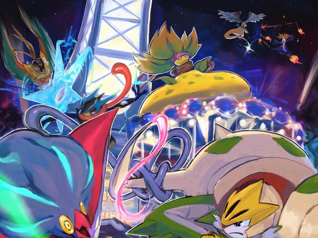 go-lurk, chesnaught, delphox, dragonite, greninja, hawlucha, malamar, mega chesnaught, mega delphox, mega dragonite, mega greninja, mega hawlucha, mega malamar, mega victreebel, victreebel, nintendo, pokemon, commentary, black eyes, closed mouth, frown, gen 1 pokemon, gen 6 pokemon, motion blur, night, no humans, open mouth, outdoors, pokemon (creature), pokemon focus, shuriken, tentacles, weapon, yellow eyes