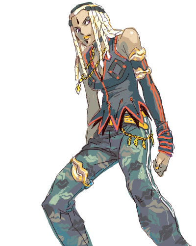 mahito (tranjistor), tranjistor, ermes costello, jojo no kimyou na bouken, lowres, 1girl, bare shoulders, belt, detached sleeves, dreadlocks, female focus, jewelry, lipstick, makeup, multicolored hair, necklace, oekaki, pants, purple eyes, scar, sleeveless, solo