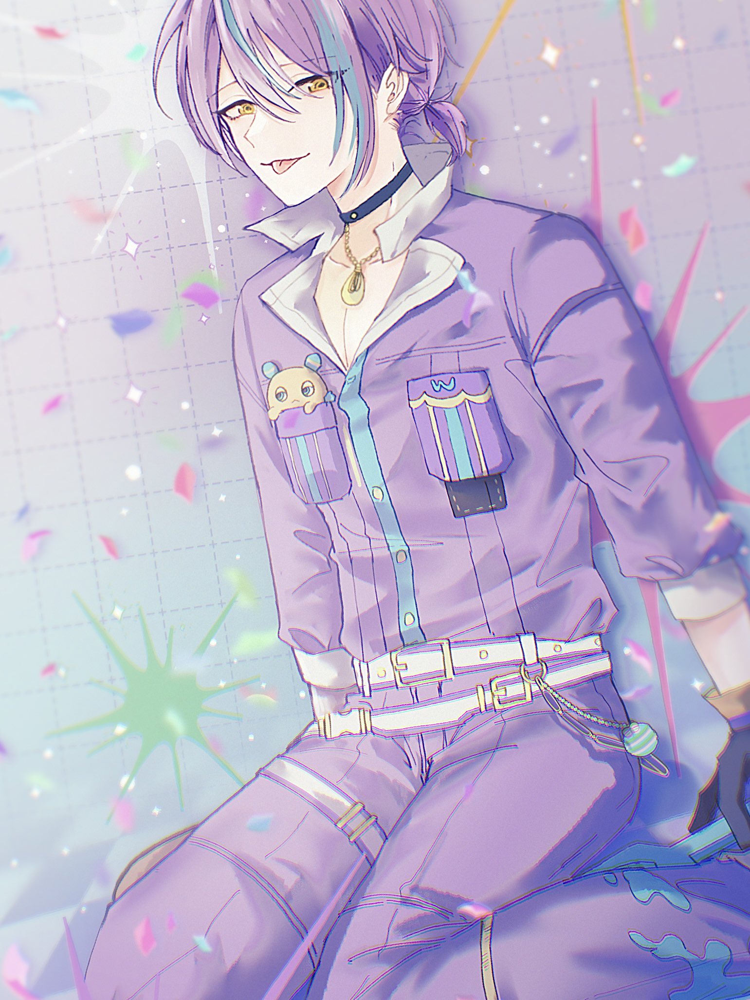 kamishiro rui, project sekai, commentary, highres, symbol-only commentary, 1boy, :p, belt buckle, black choker, black gloves, blue hair, breast pocket, buckle, buttons, choker, confetti, deeper and deeper (project sekai), gloves, hair up, jewelry, looking at viewer, male focus, multicolored hair, necklace, official alternate costume, official alternate hairstyle, paint splatter, pants, pocket, ponytail, prskbread, purple hair, purple pants, sitting, snap-fit buckle, solo, streaked hair, thigh strap, three-quarter sleeves, tongue, tongue out, two-tone hair, yellow eyes