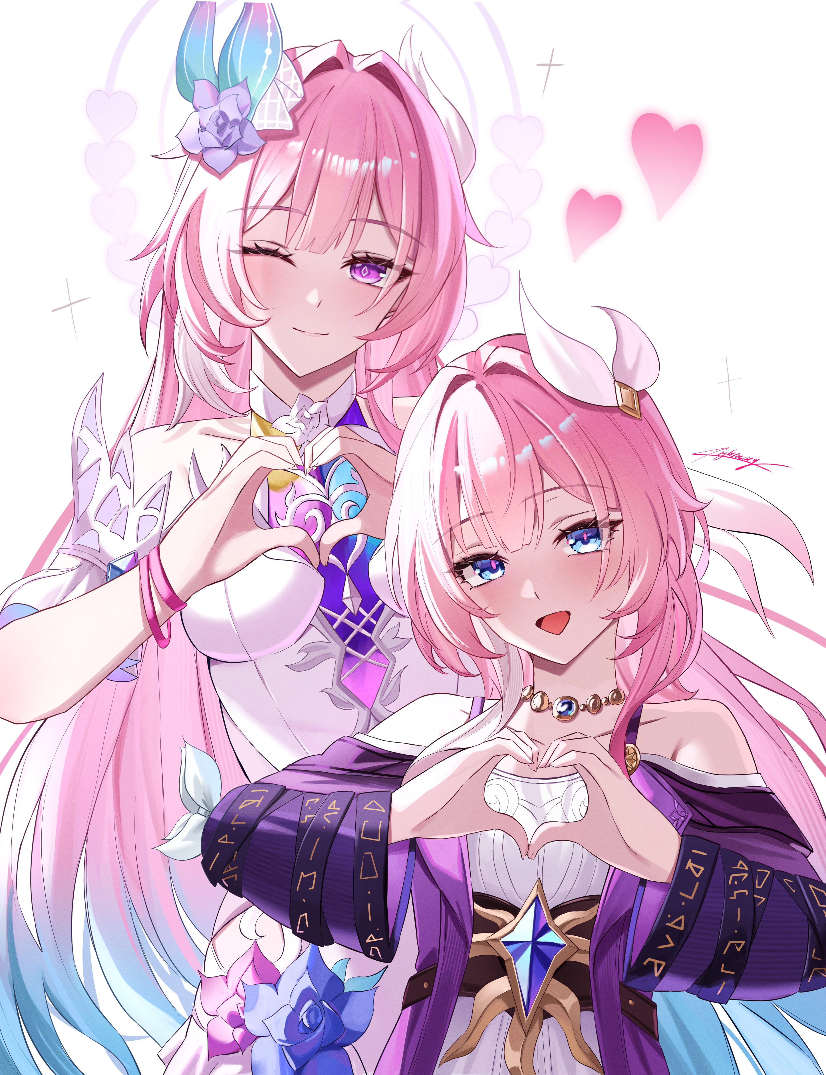 miya-chan (lightning0730), cyrene (honkai: star rail), cyrene (ripples of past reverie) (honkai: star rail), honkai: star rail, honkai (series), absurdres, commentary, highres, 2girls, ;), bare shoulders, blue eyes, breasts, coat, cyrene (aedes elysiae) (honkai: star rail), diamond-shaped pupils, diamond (shape), dress, dual persona, flower, hair flower, hair ornament, halo, heart, heart hands, jewelry, large breasts, long hair, multiple girls, necklace, one eye closed, pink hair, purple coat, purple eyes, short hair, small breasts, smile, symbol-shaped pupils, very long hair, white dress