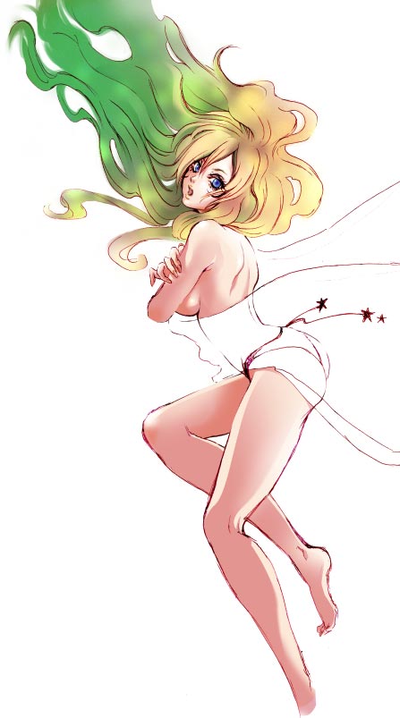 chitose (love strip), kuujou jolyne, jojo no kimyou na bouken, stone ocean, breast hold, 1girl, blonde hair, blue eyes, breasts, chitose (loveu2606strip), covering breasts, covering privates, female focus, green hair, long hair, medium breasts, multicolored hair, open mouth, panties, solo, topless female, two-tone hair, underwear