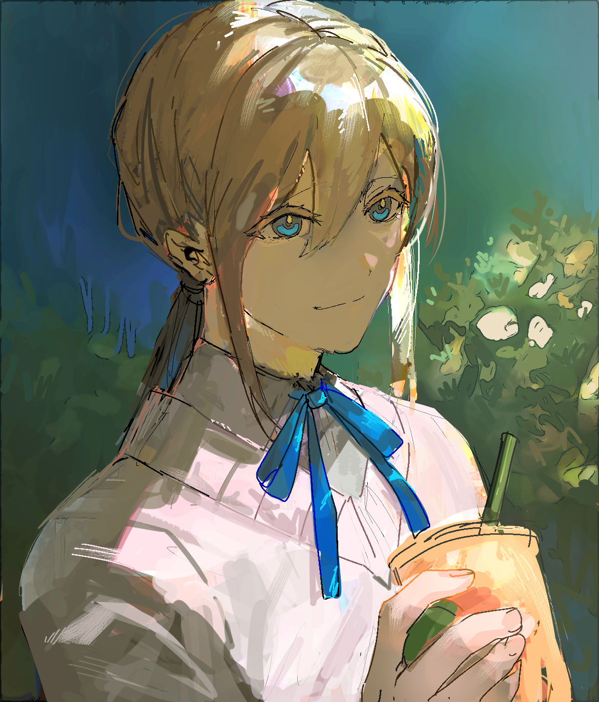original, commentary request, highres, 1boy, bishounen, blue eyes, blue ribbon, brown hair, cardigan, closed mouth, collared shirt, cup, dim lighting, drinking straw, foliage, hair between eyes, hand up, holding, holding cup, ingenkita, light smile, looking ahead, low ponytail, male focus, medium hair, neck ribbon, ponytail, profile, ribbon, shirt, sidelocks, smile, solo, sweater, upper body, white shirt