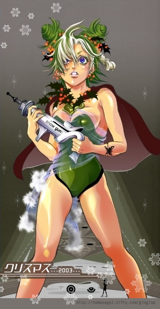 chitose (love strip), kuujou jolyne, jojo no kimyou na bouken, 1girl, alternate costume, blue eyes, braid, breasts, cape, chitose (loveu2606strip), cleavage, double bun, female focus, gun, hair bun, holly, leotard, mistletoe, multicolored hair, purple eyes, sideboob, solo, tattoo, weapon