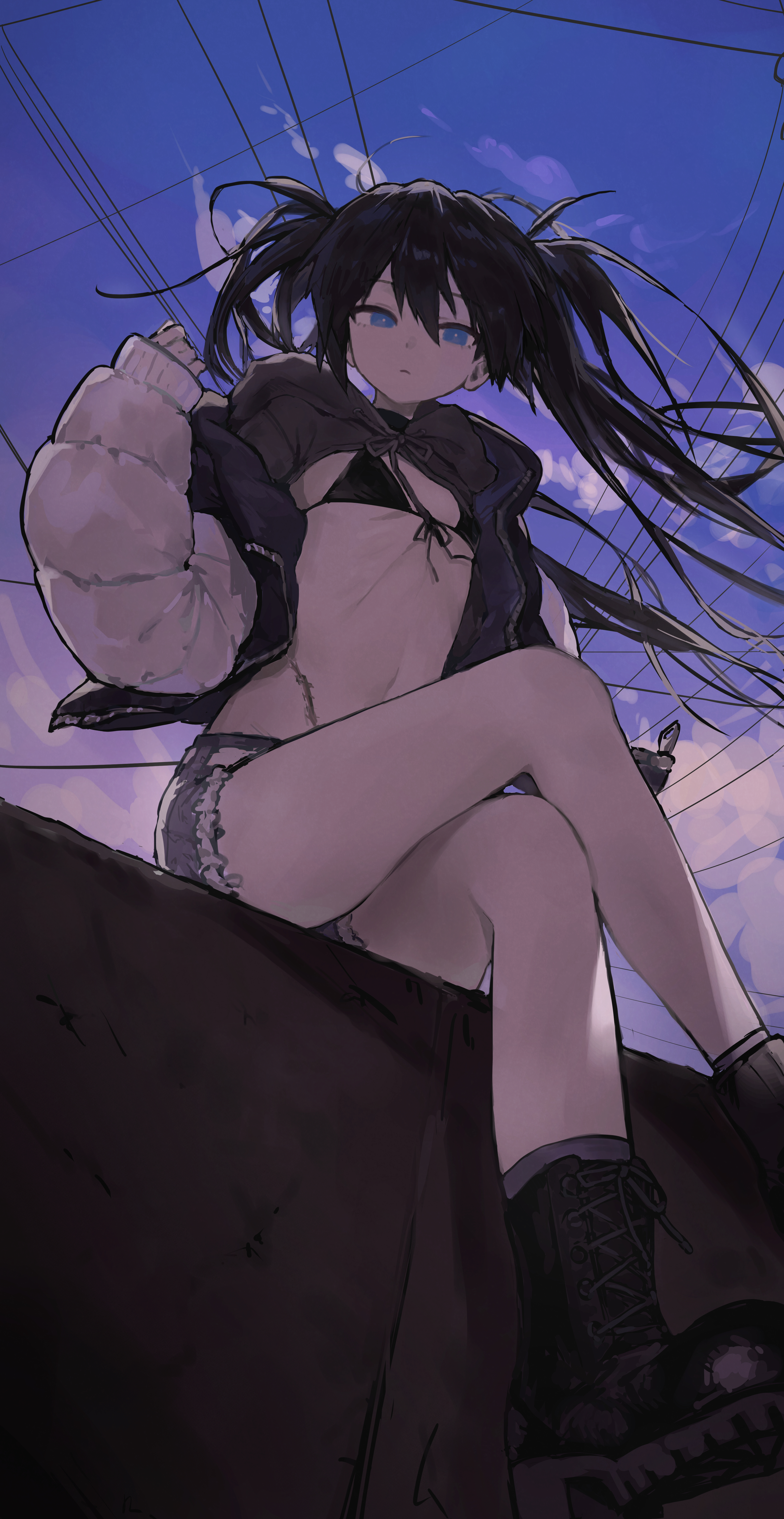 pisik, black rock shooter (character), black rock shooter, absurdres, commentary request, highres, 1girl, bikini, bikini top only, black bikini, black hair, blue eyes, boots, cable, long hair, looking at viewer, no shirt, scar, shorts, solo, swimsuit, twintails, uneven twintails