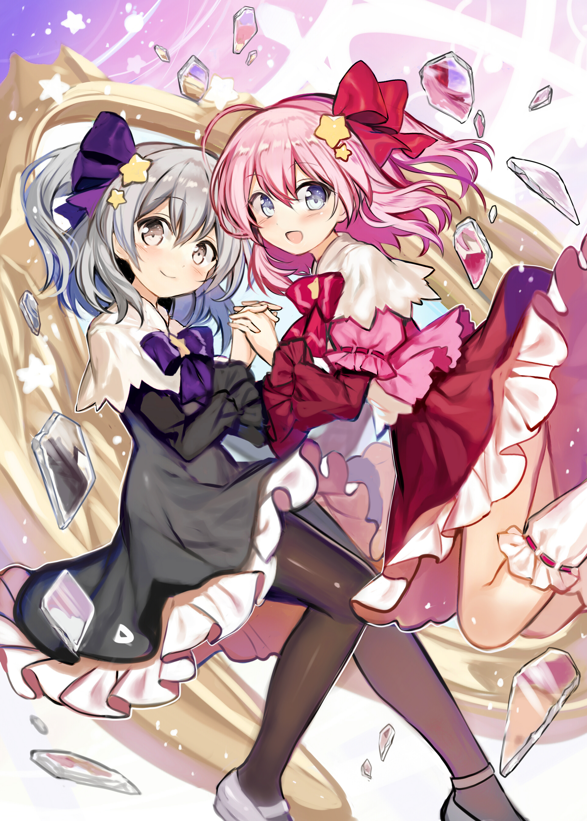 fuepo, kirby, kirby (series), nintendo, absurdres, character request, check character, copyright request, highres, 2girls, blue eyes, dress, humanization, long hair, long sleeves, looking at viewer, multiple girls, personification, pink hair, shards, simple background, smile