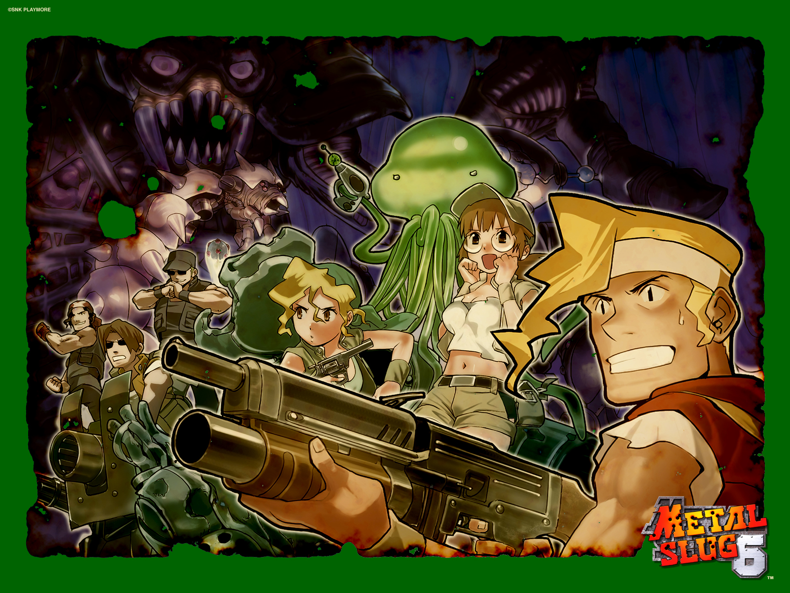 clark still, fio germi, kasamoto eri, marco rossi, ralf jones, tarma roving, metal slug, metal slug 6, highres, everyone, gun, weapon