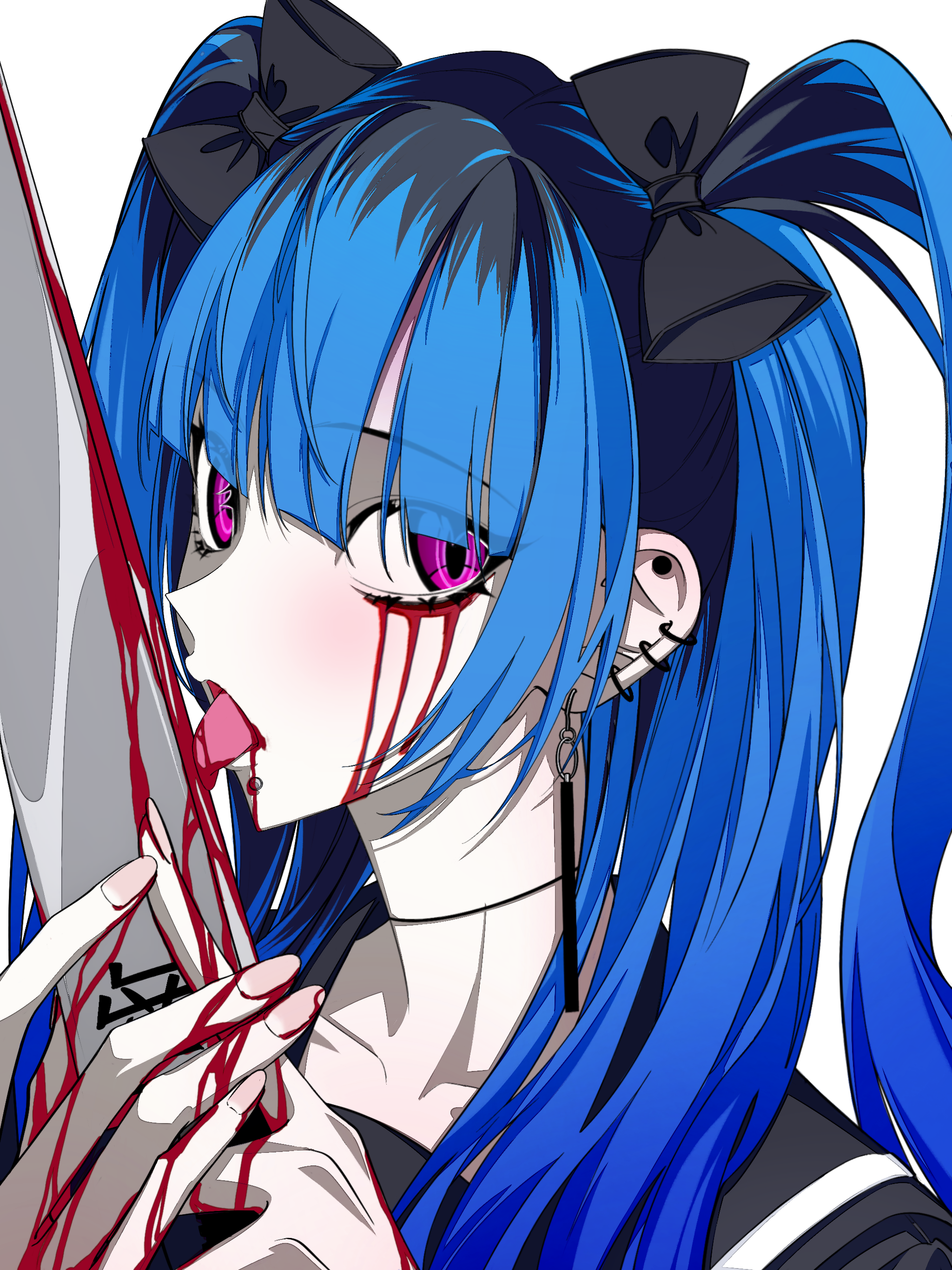 amemiya darumi, the hundred line -last defense academy-, absurdres, artist request, chinese commentary, commentary request, commission, highres, second-party source, 1girl, black bow, black hair, black sailor collar, black serafuku, blood, blood on face, blood on hands, bloody knife, bloody tears, blue hair, bow, collarbone, ear piercing, earrings, face piercing, fingernails, hair bow, hands up, holding, holding knife, jewelry, knife, licking, licking blade, licking weapon, long hair, looking at viewer, multicolored hair, piercing, pink eyes, portrait, roots (hair), sailor collar, school uniform, serafuku, solo, tongue, tongue out, transparent background, twintails, weapon
