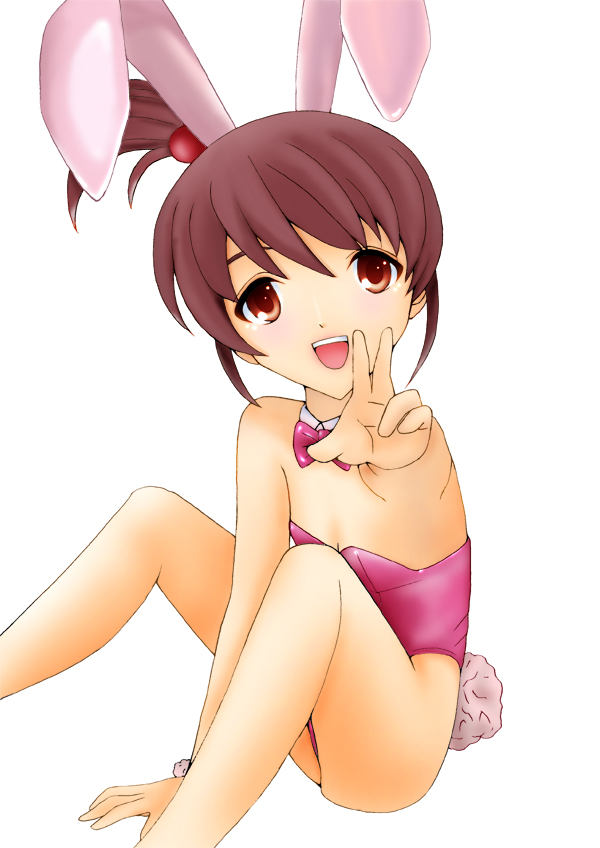 kishida-shiki, kyon no imouto, suzumiya haruhi no yuuutsu, 00s, 1girl, animal ears, bare legs, brown eyes, brown hair, fake animal ears, female focus, playboy bunny, rabbit ears, short hair, side ponytail, solo, v