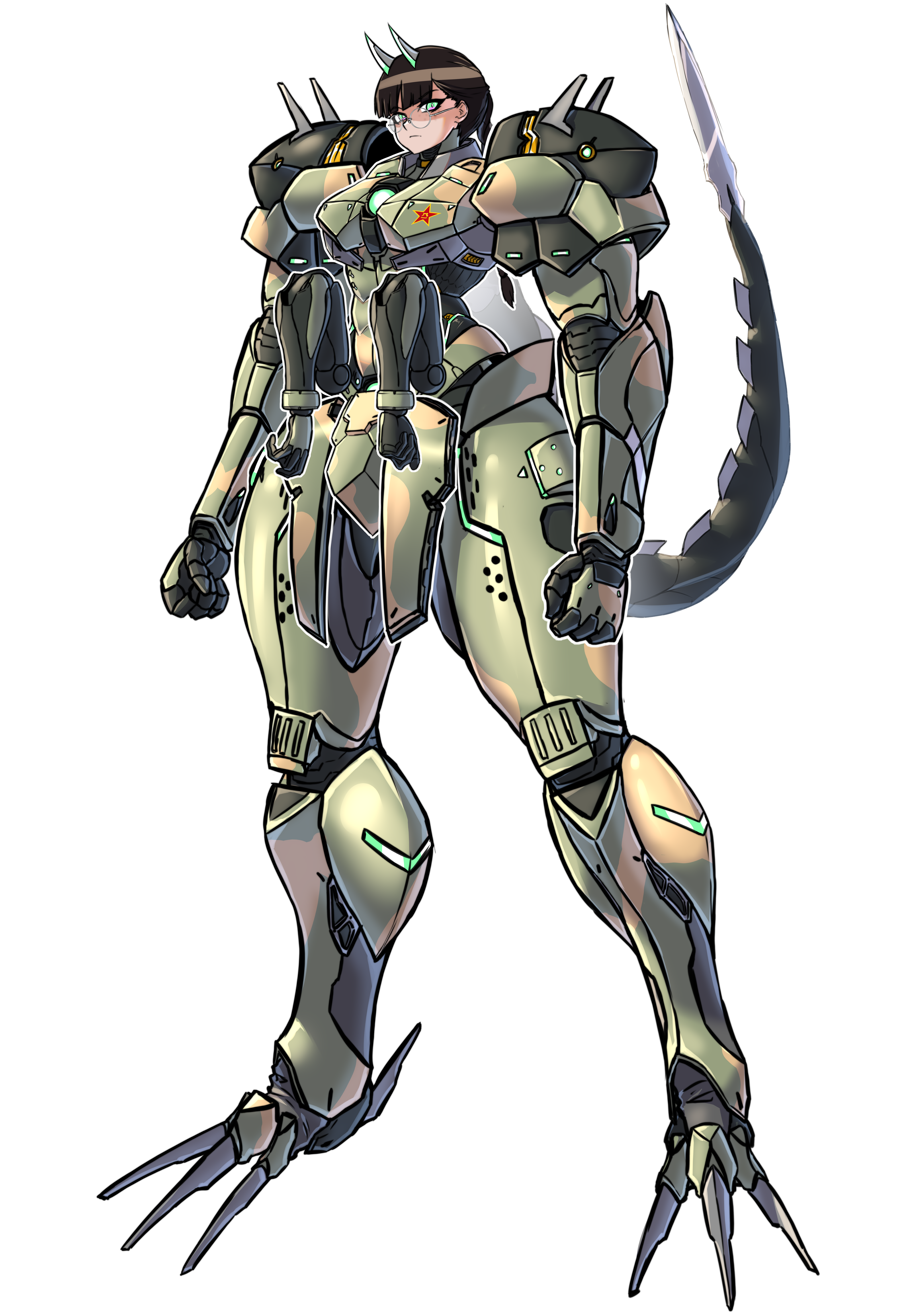 mold (pixiv6616319), original, absurdres, highres, 1girl, armor, arms at sides, braid, braided ponytail, brown hair, extra arms, full body, glasses, green eyes, horns, joints, looking at viewer, mecha musume, mechanical tail, robot joints, round eyewear, solo, standing, tail, white background